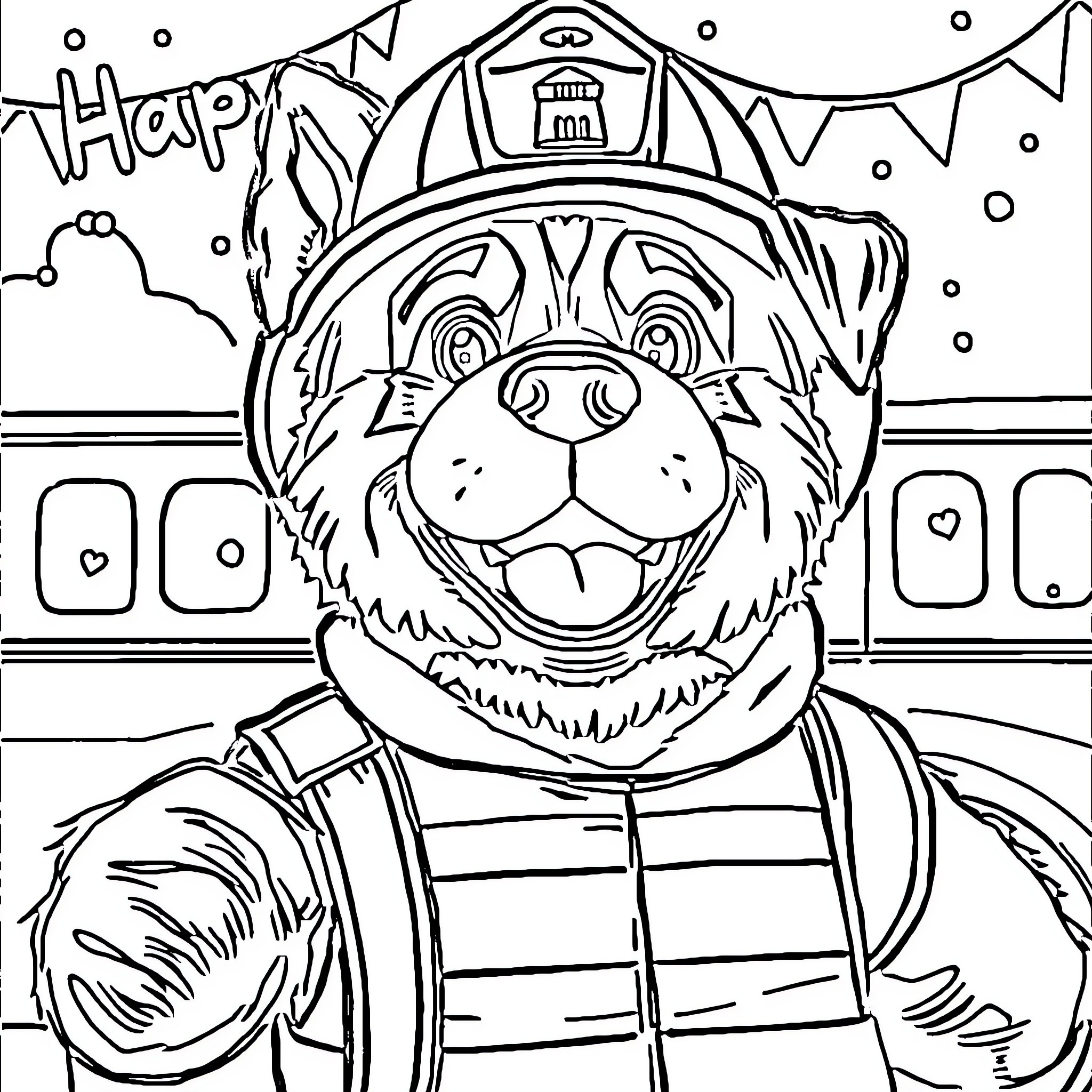 Fireman dog happily assisting in firefighting activities Coloring Page (free black-and-white line drawing printable PDF for all, from beginners to advanced learners, including children, teens, adults, and seniors)