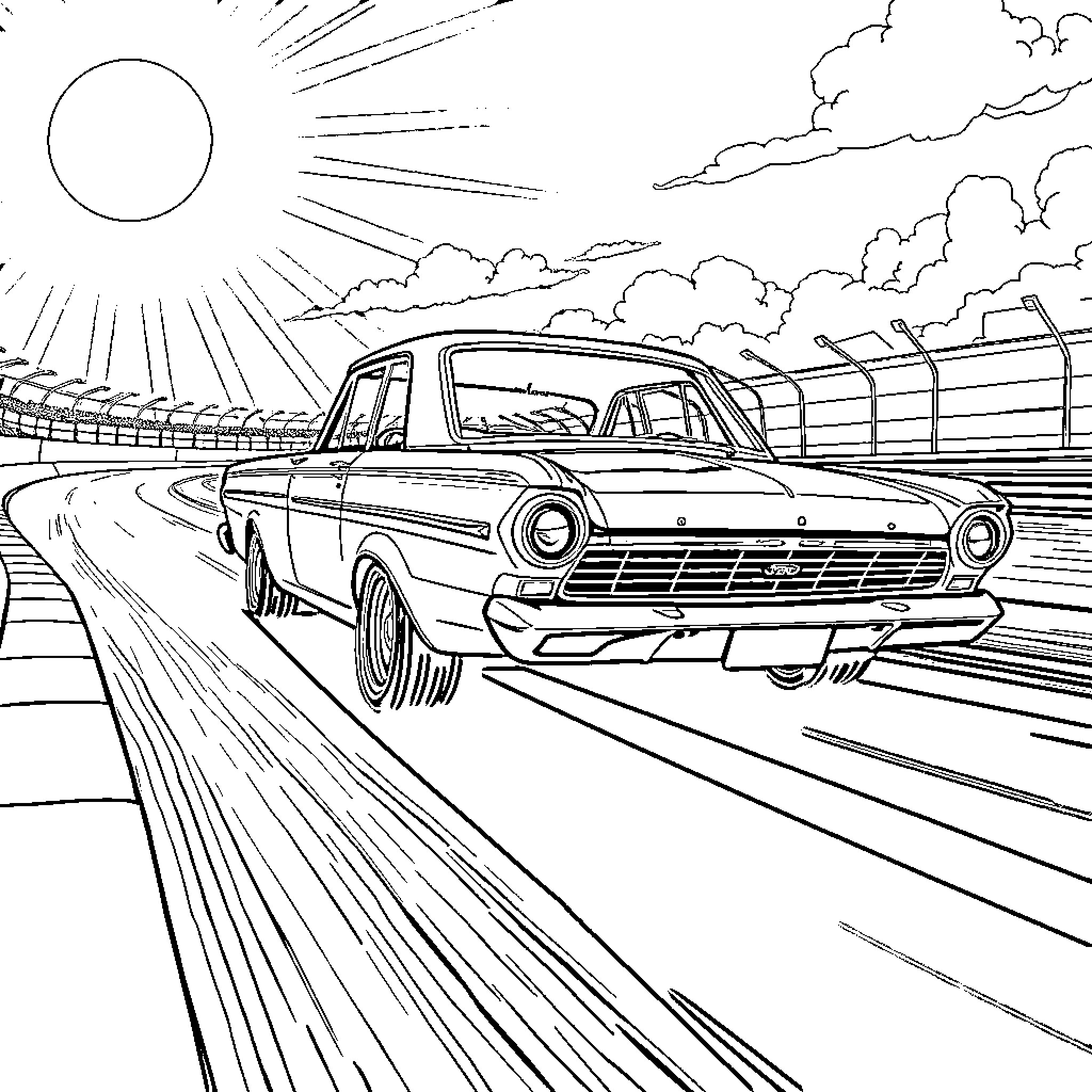 Ford Cortina speeding through a sunny highway landscape Coloring Page (free black-and-white line drawing printable PDF for all, from beginners to advanced learners, including children, teens, adults, and seniors)