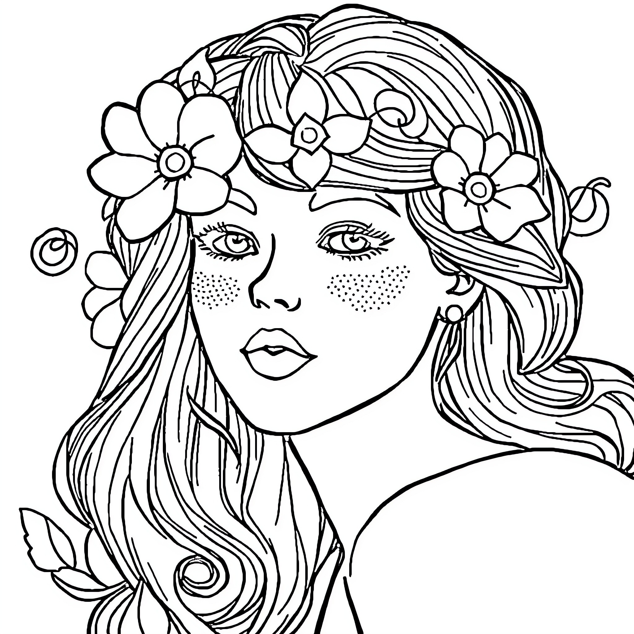 Aesthetic Whimsical Woman with Floral Headpiece Coloring Page (free black-and-white line drawing printable PDF for all, from beginners to advanced learners, including children, teens, adults, and seniors)