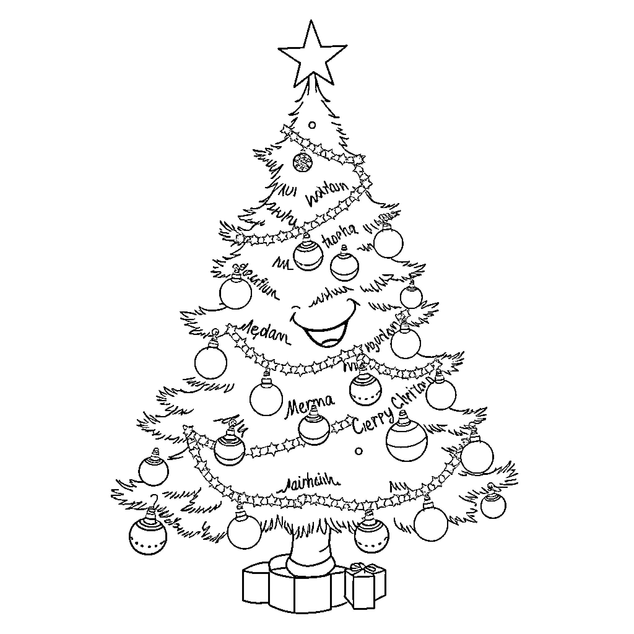 Christmas Tree Decorated with Ornaments and Presents Coloring Page (free black-and-white line drawing printable PDF for all, from beginners to advanced learners, including children, teens, adults, and seniors)