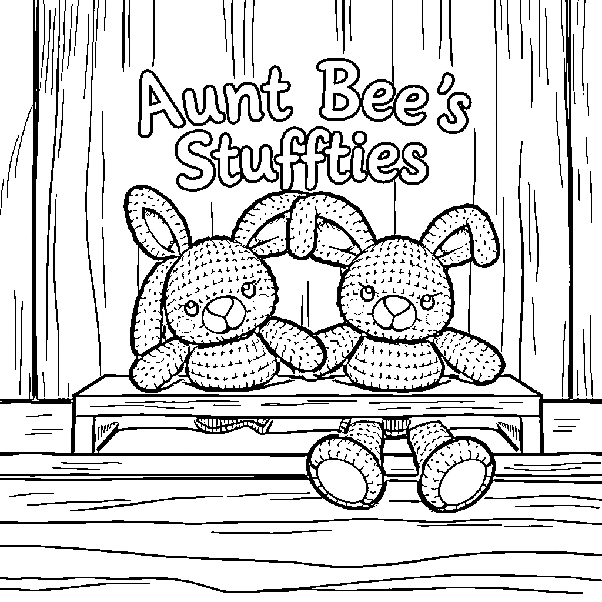 Rabbit Stuffies on Display at Aunt Bee's Shop Coloring Page (free black-and-white line drawing printable PDF for all, from beginners to advanced learners, including children, teens, adults, and seniors)