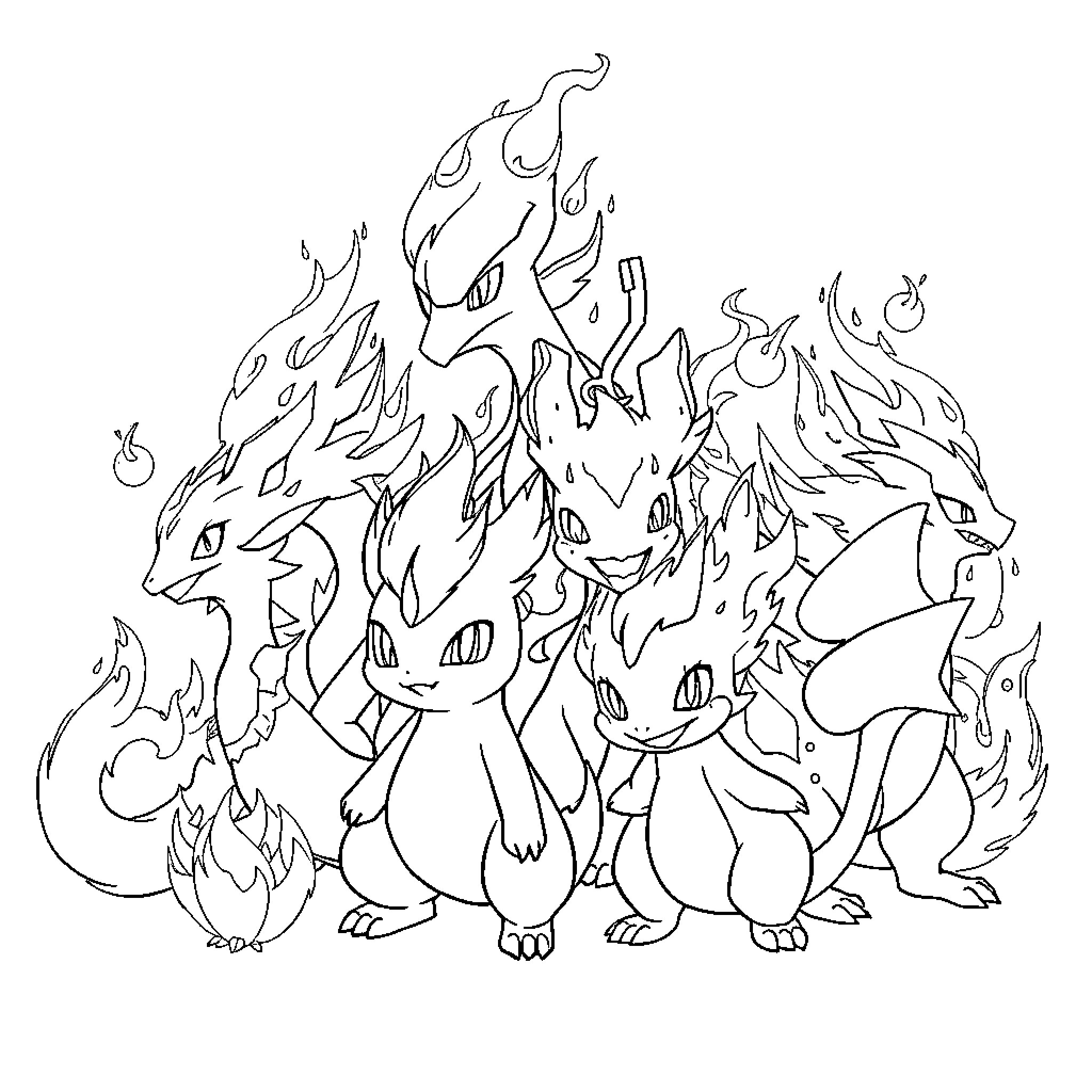 Fire Starter Pokemon in action-packed pose Coloring Page (free black-and-white line drawing printable PDF for all, from beginners to advanced learners, including children, teens, adults, and seniors)