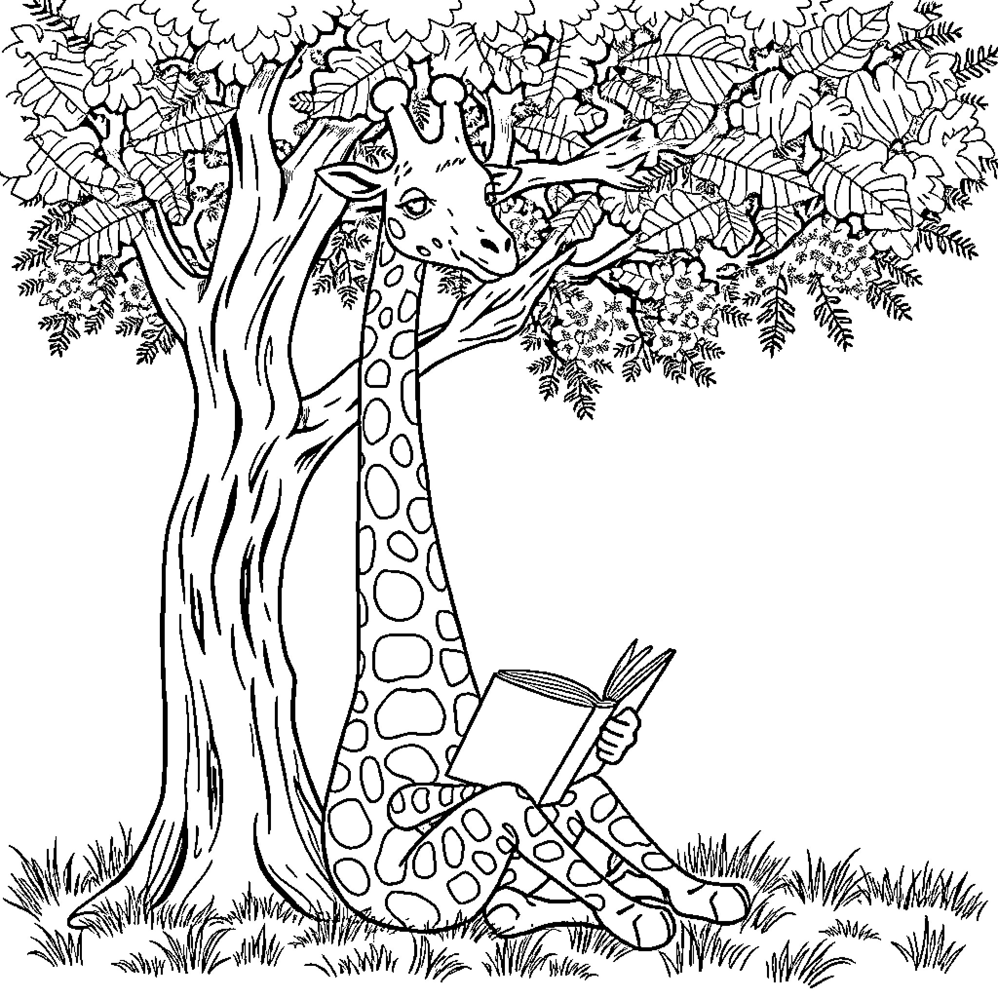Giraffe reading a book under a tree Coloring Page (free black-and-white line drawing printable PDF for all, from beginners to advanced learners, including children, teens, adults, and seniors)