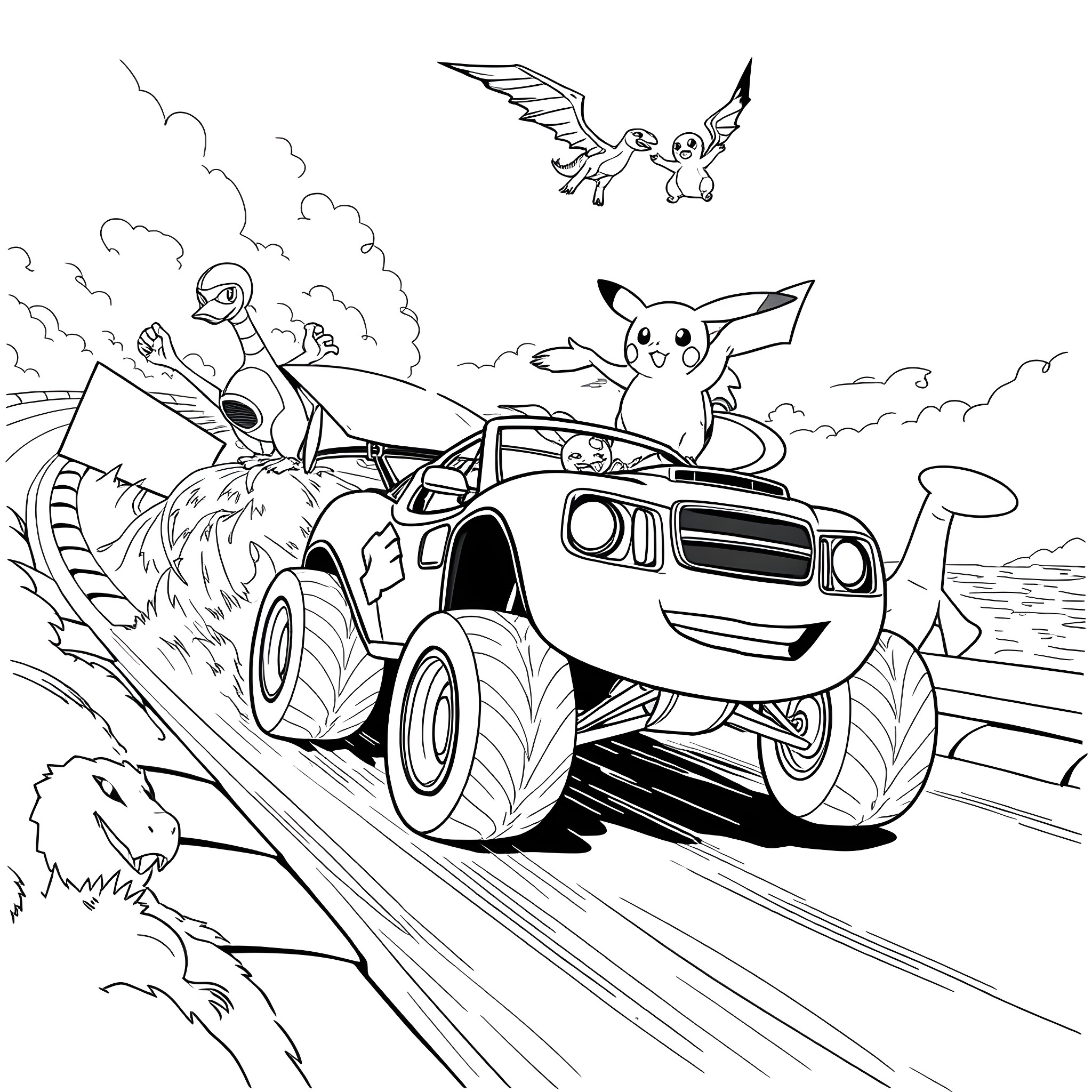 Pokémon racing on off-road vehicle with flying companions Coloring Page (free black-and-white line drawing printable PDF for all, from beginners to advanced learners, including children, teens, adults, and seniors)