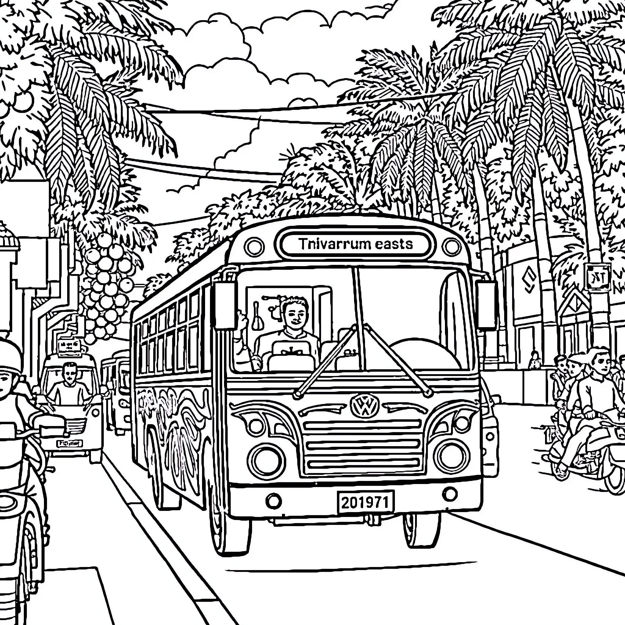 Bus Transporting Passengers through Tropical Landscape Coloring Page (free black-and-white line drawing printable PDF for all, from beginners to advanced learners, including children, teens, adults, and seniors)