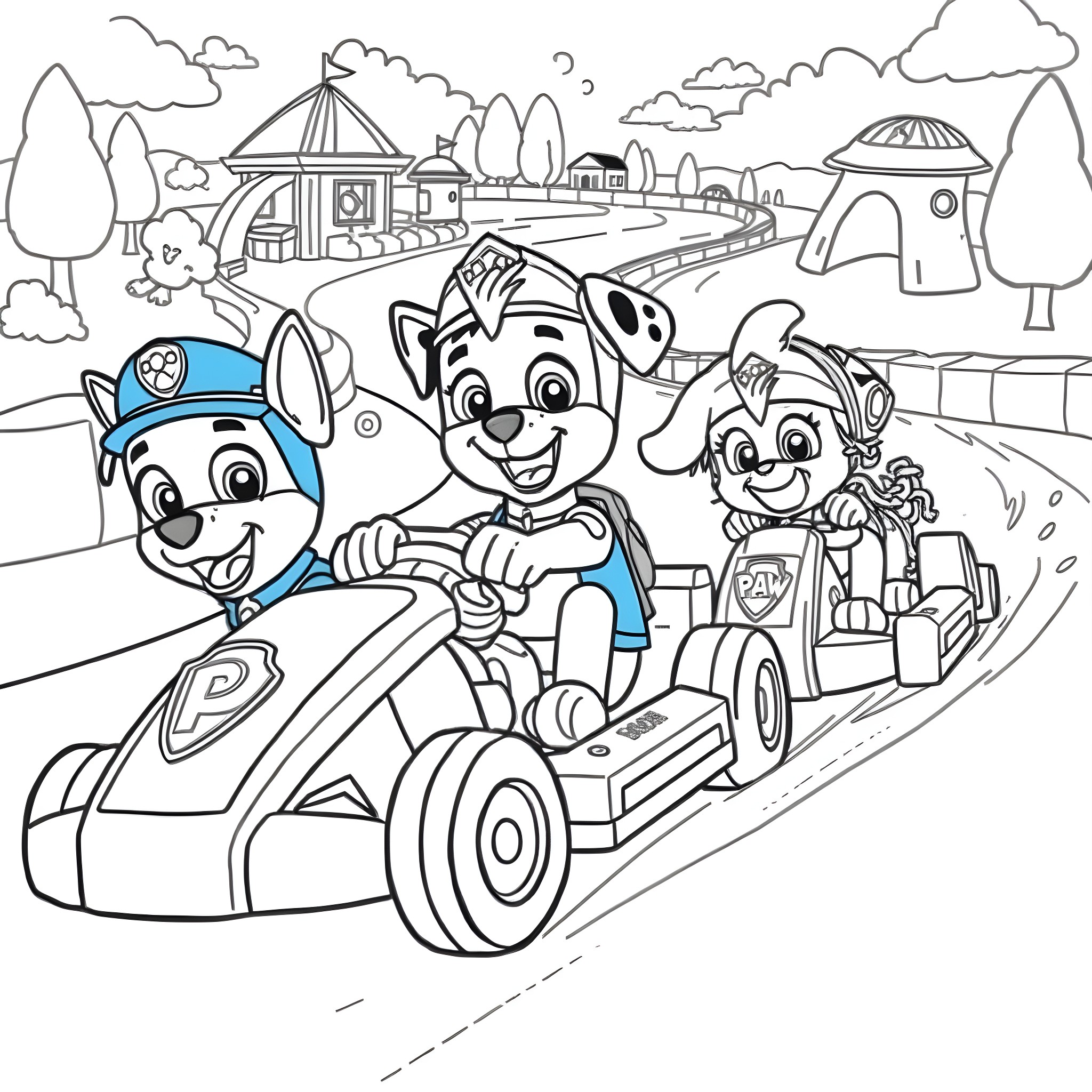 Paw Patrol Cadets Enjoying a Ride in Kart Coloring Page (free black-and-white line drawing printable PDF for all, from beginners to advanced learners, including children, teens, adults, and seniors)