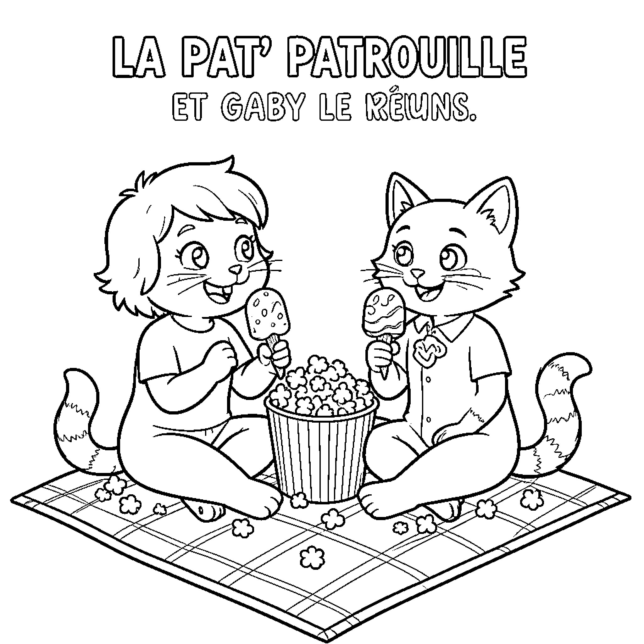 Patrouille of two cats eating treats on a blanket Coloring Page (free black-and-white line drawing printable PDF for all, from beginners to advanced learners, including children, teens, adults, and seniors)