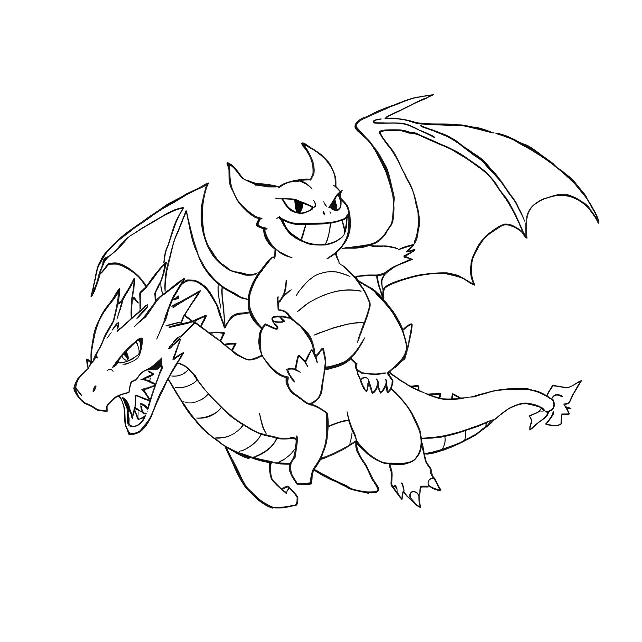 Gengar riding a ferocious dragon Coloring Page (free black-and-white line drawing printable PDF for all, from beginners to advanced learners, including children, teens, adults, and seniors)