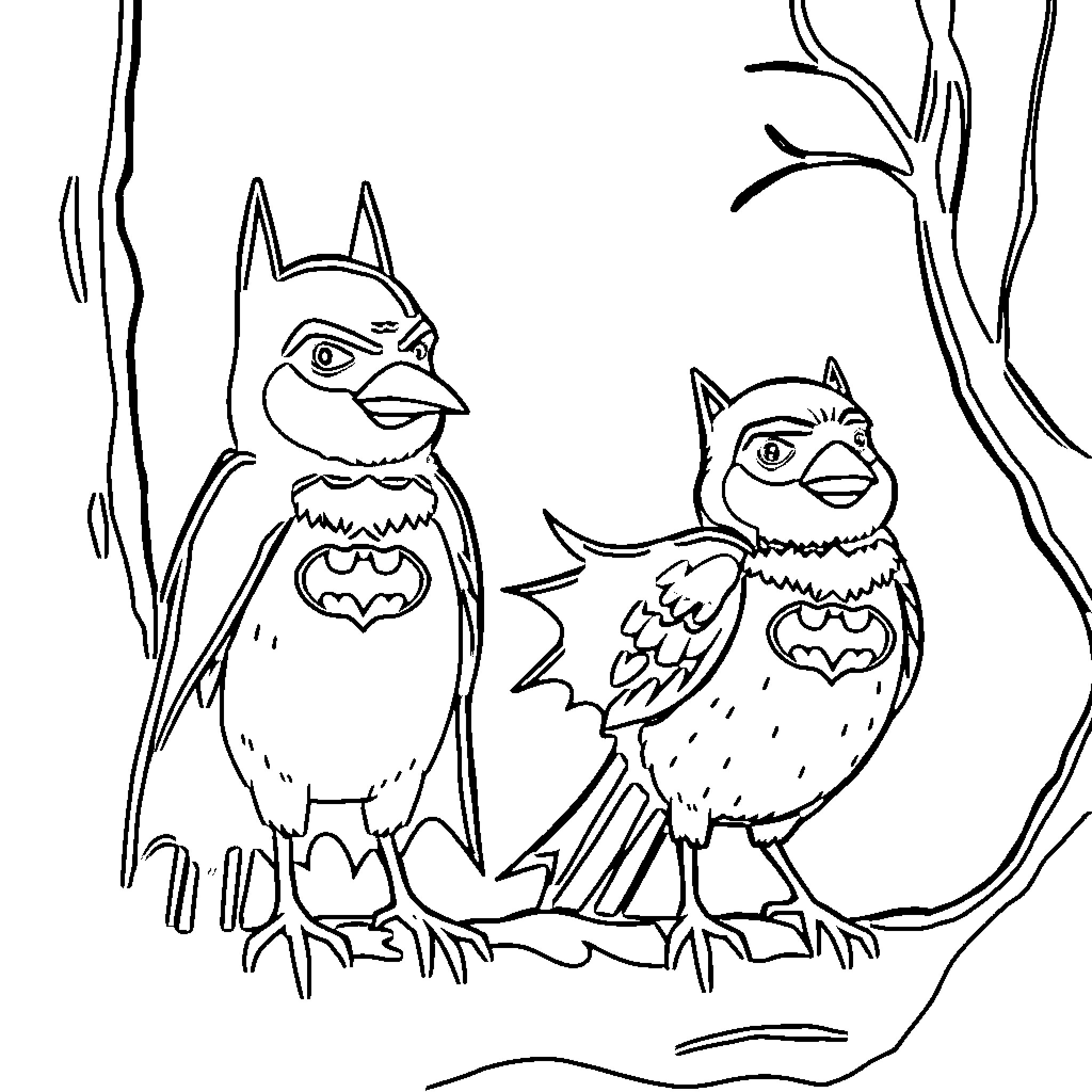 Bird heroes battling in the forest Coloring Page (free black-and-white line drawing printable PDF for all, from beginners to advanced learners, including children, teens, adults, and seniors)