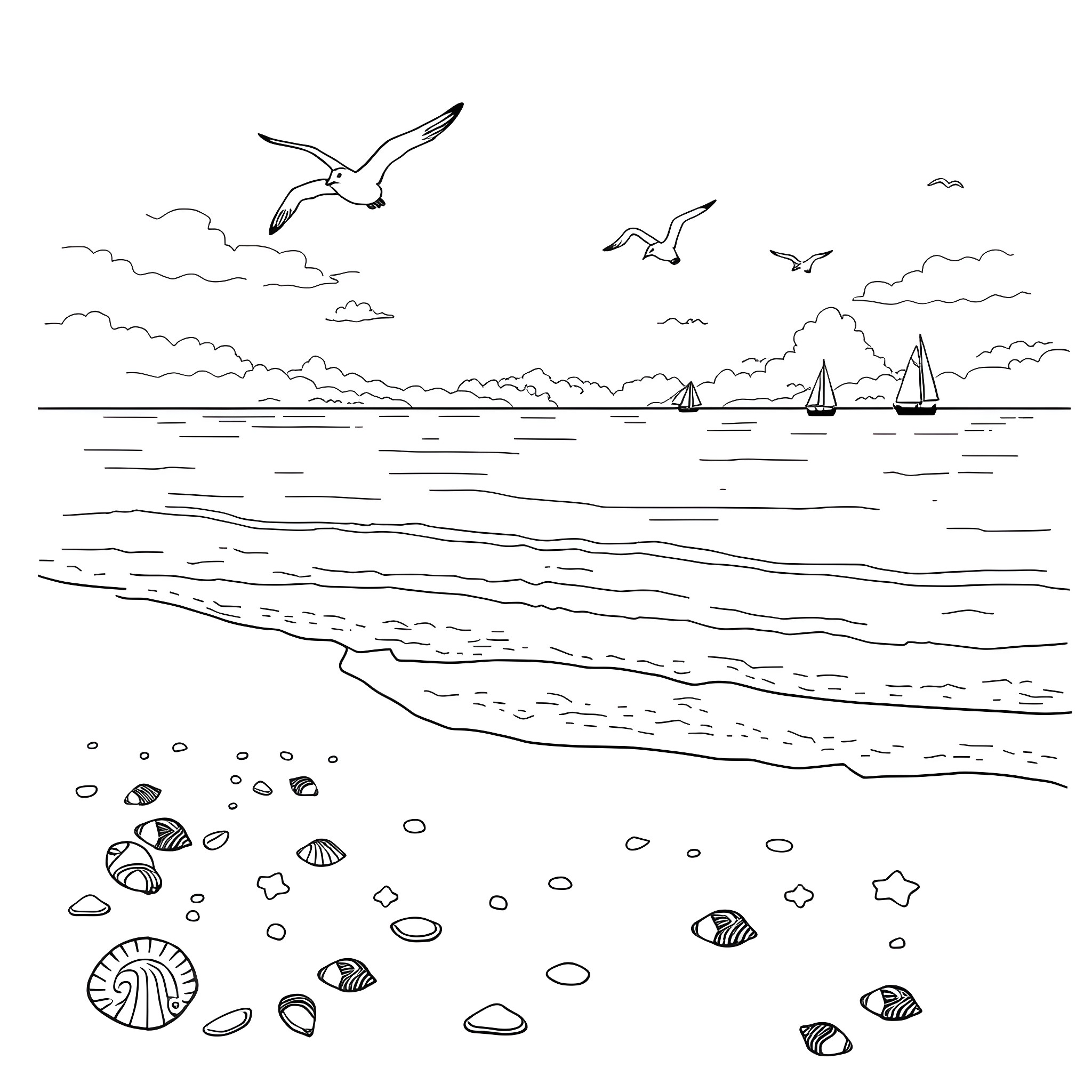 Beach scene with seagulls and sailboats Coloring Page (free black-and-white line drawing printable PDF for all, from beginners to advanced learners, including children, teens, adults, and seniors)