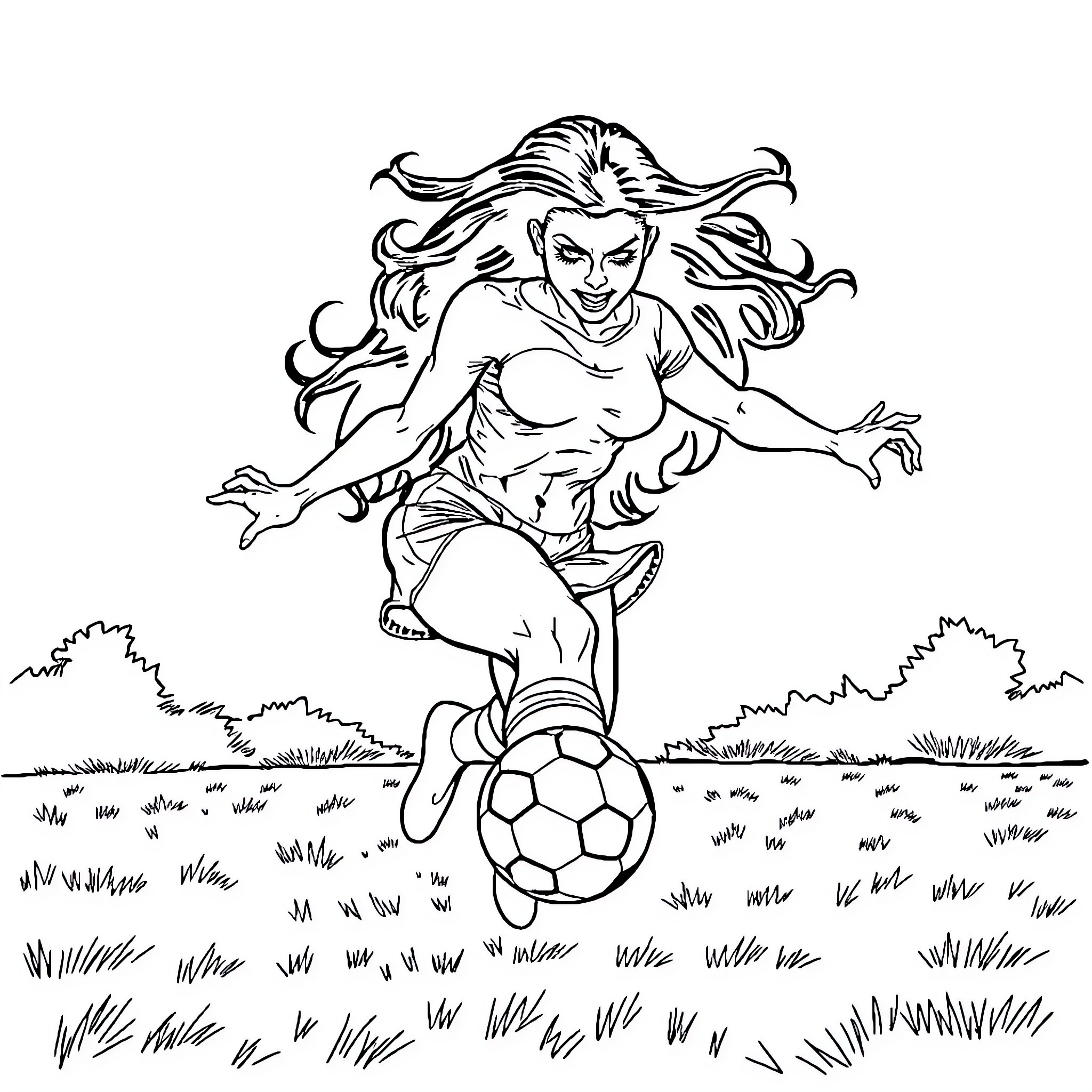 She-Hulk playing soccer on grassy field Coloring Page (free black-and-white line drawing printable PDF for all, from beginners to advanced learners, including children, teens, adults, and seniors)