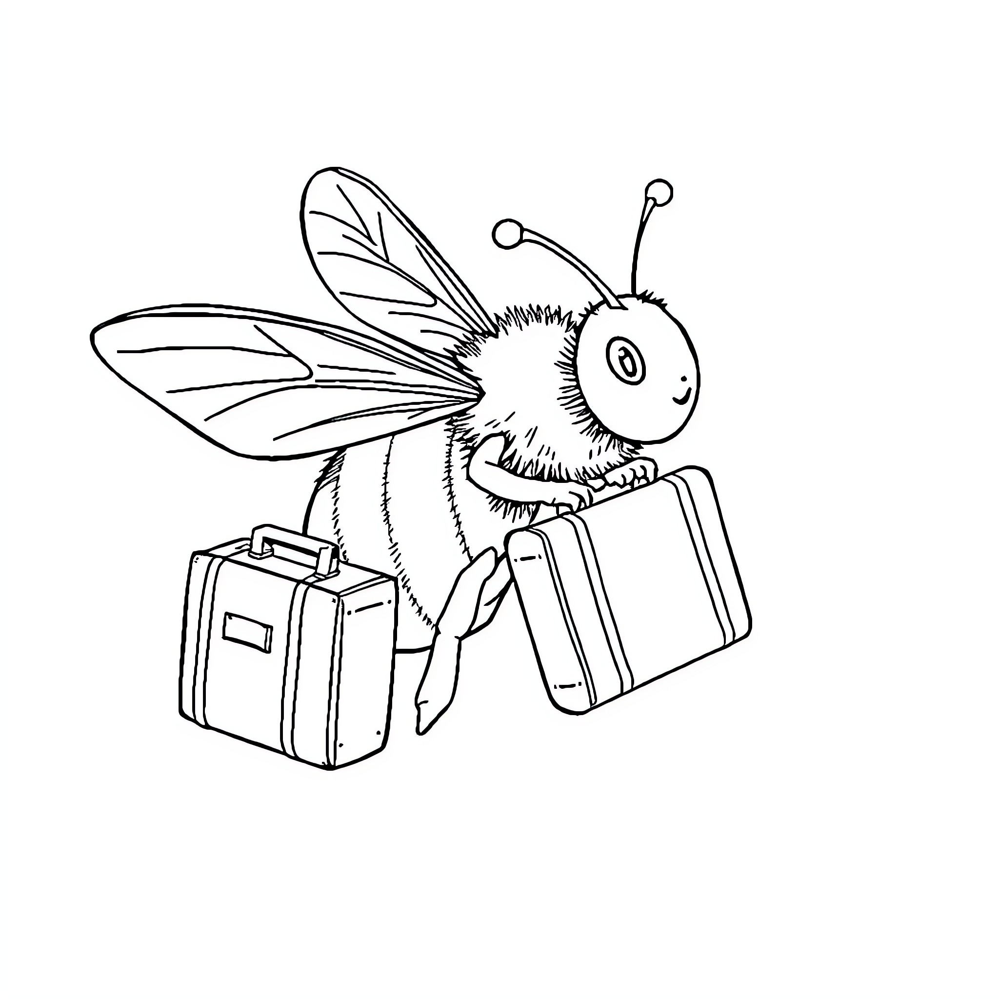 Bee carrying luggage on the go Coloring Page (free black-and-white line drawing printable PDF for all, from beginners to advanced learners, including children, teens, adults, and seniors)