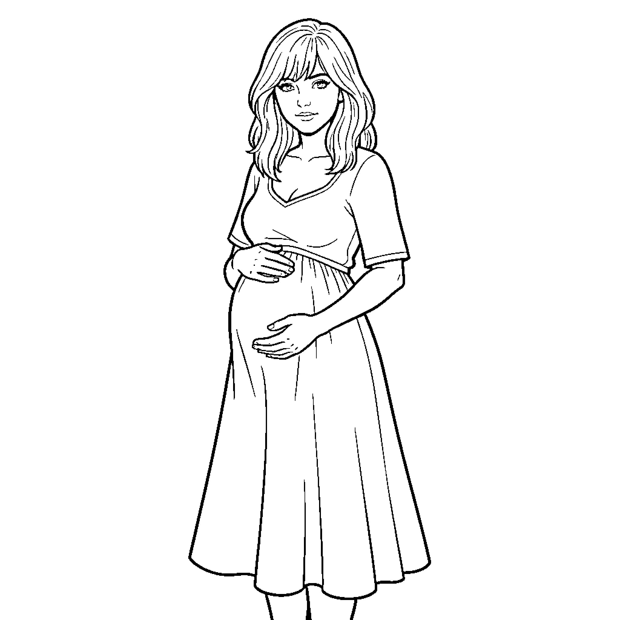 Taylor Swift's Serene Maternity Pose Coloring Page (free black-and-white line drawing printable PDF for all, from beginners to advanced learners, including children, teens, adults, and seniors)