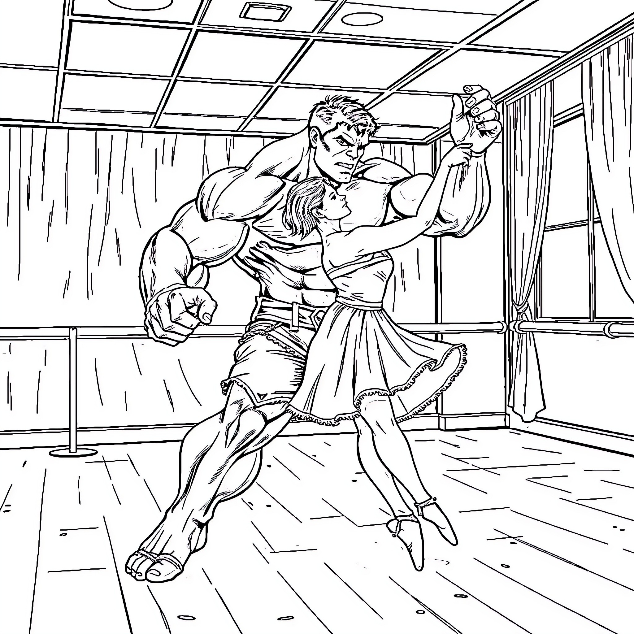 Hulk smashing through a building during a fight Coloring Page (free black-and-white line drawing printable PDF for all, from beginners to advanced learners, including children, teens, adults, and seniors)