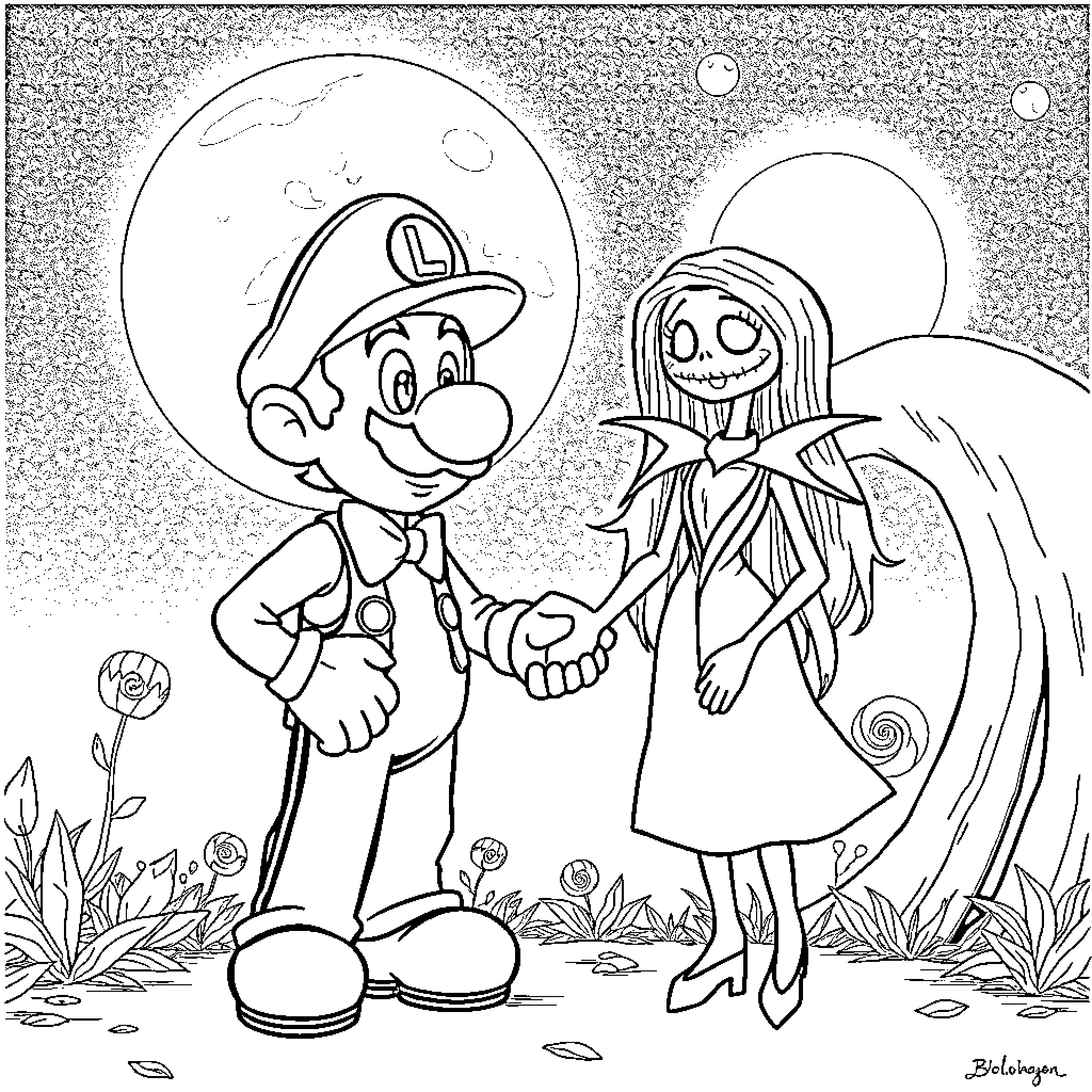 Luigi's Enchanting Encounter with a Whimsical Companion Coloring Page (free black-and-white line drawing printable PDF for all, from beginners to advanced learners, including children, teens, adults, and seniors)