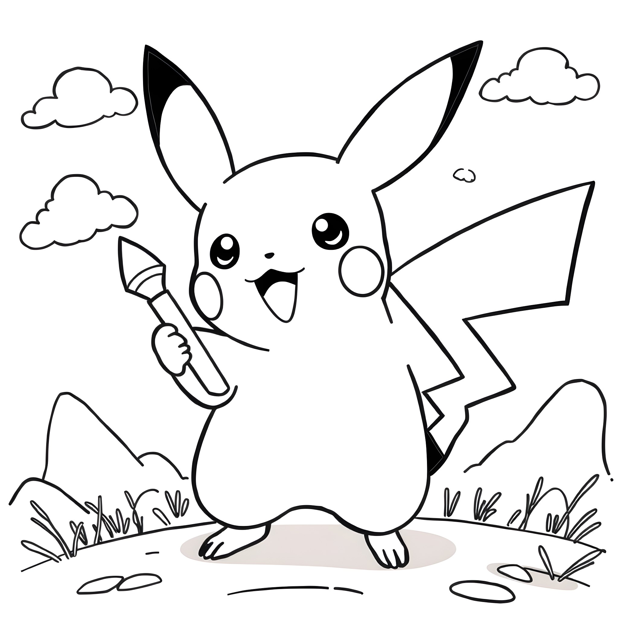 Pikachu playing with a pencil in the outdoors Coloring Page (free black-and-white line drawing printable PDF for all, from beginners to advanced learners, including children, teens, adults, and seniors)