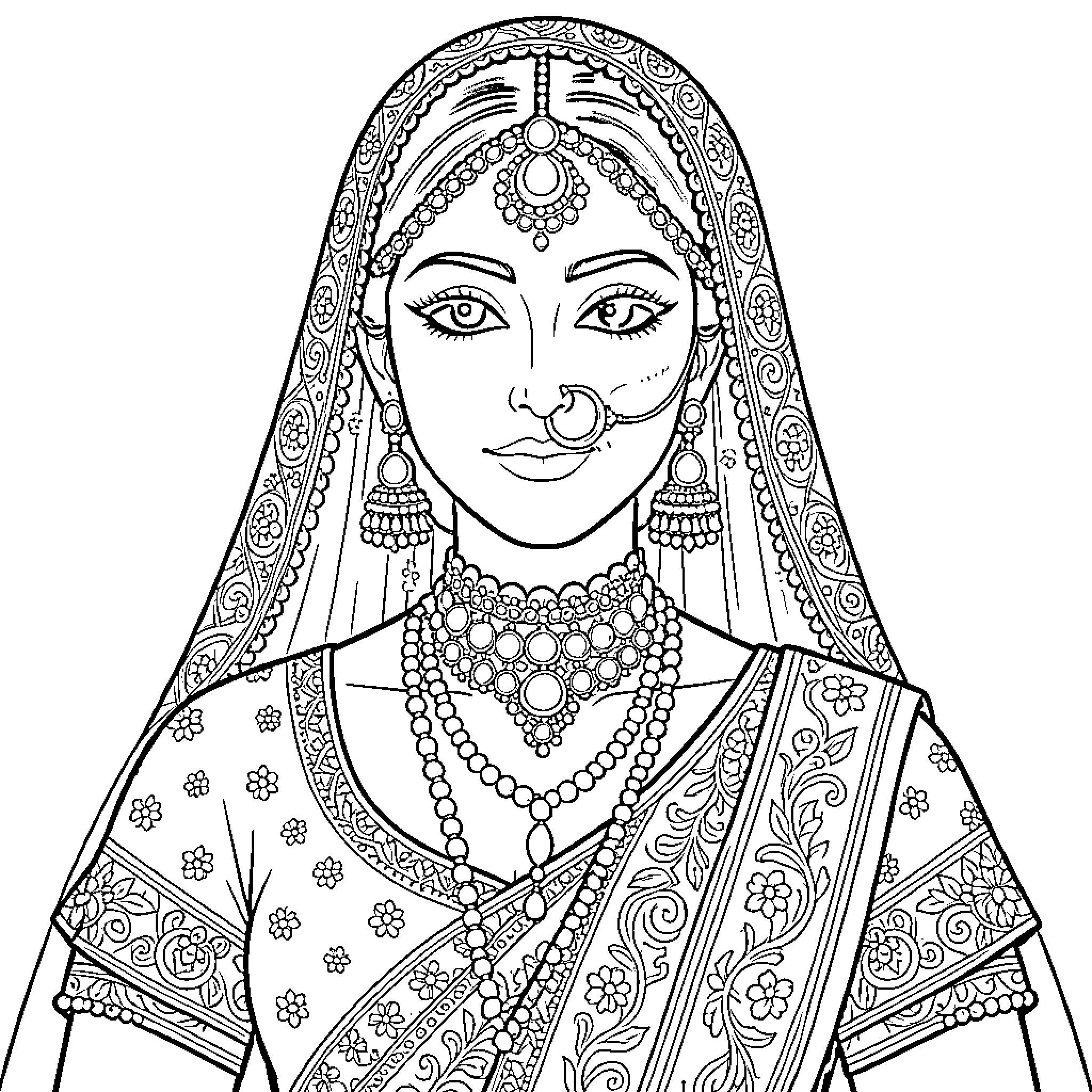 Karwachauth celebrating woman in traditional ethnic attire and jewelry Coloring Page (free black-and-white line drawing printable PDF for all, from beginners to advanced learners, including children, teens, adults, and seniors)