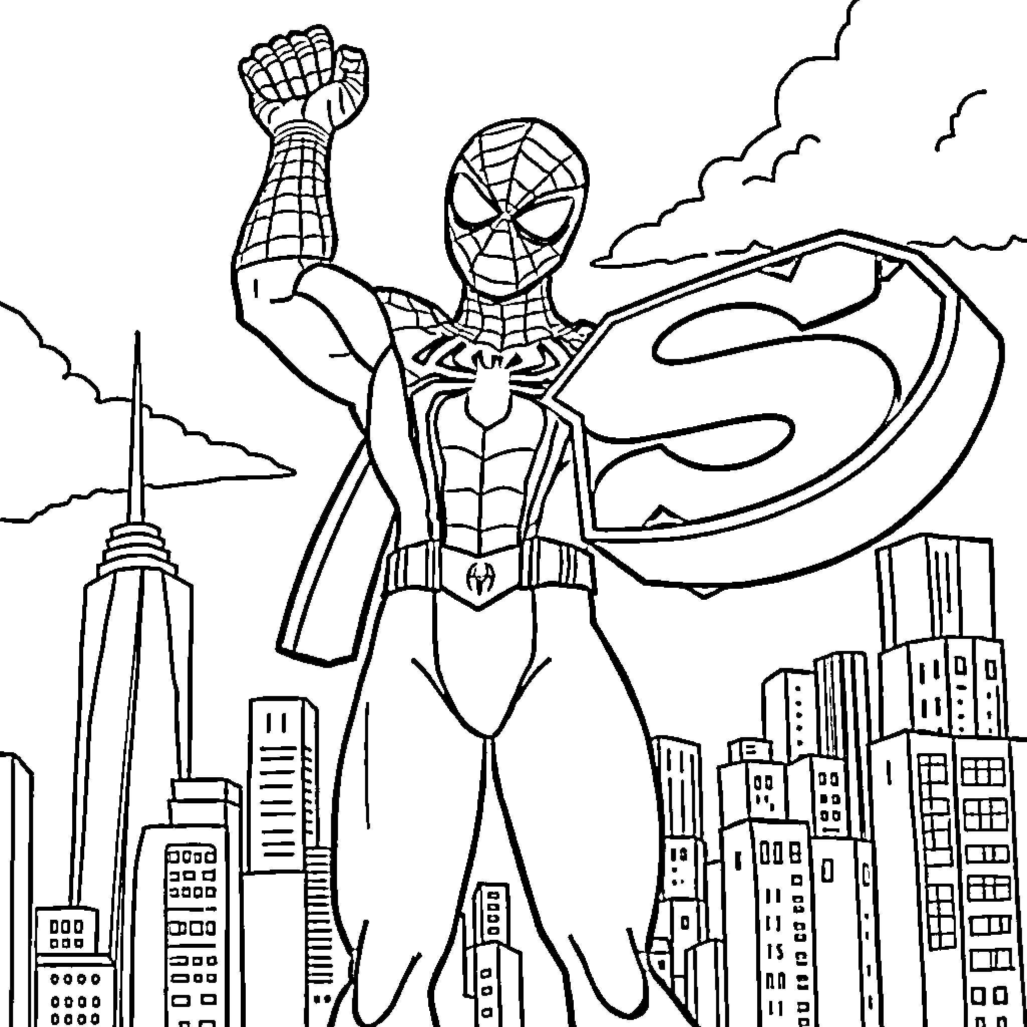 Spider-Man Soaring Over City Skyline Coloring Page (free black-and-white line drawing printable PDF for all, from beginners to advanced learners, including children, teens, adults, and seniors)