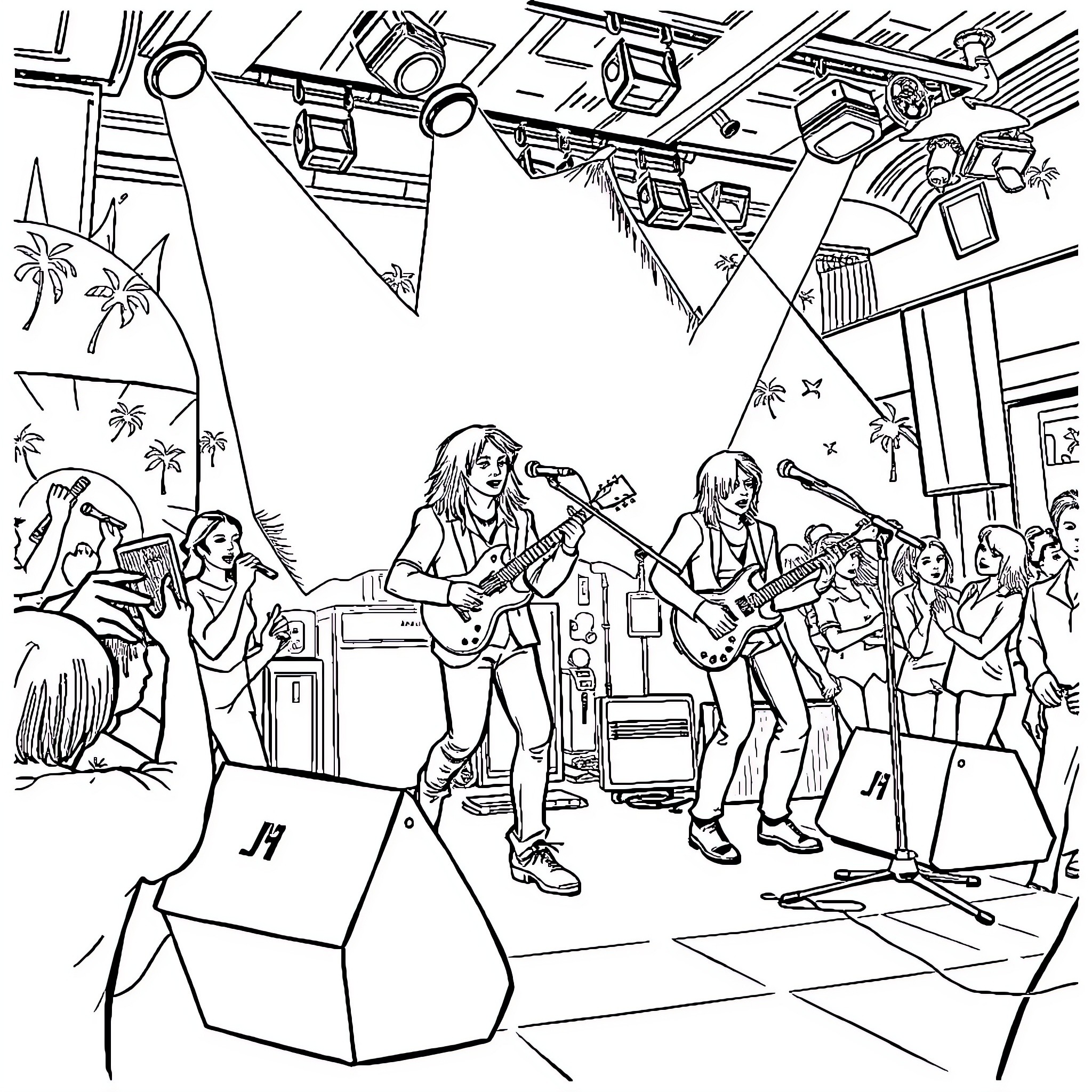 Huntrix Band Performing at Tropical Music Festival Coloring Page (free black-and-white line drawing printable PDF for all, from beginners to advanced learners, including children, teens, adults, and seniors)