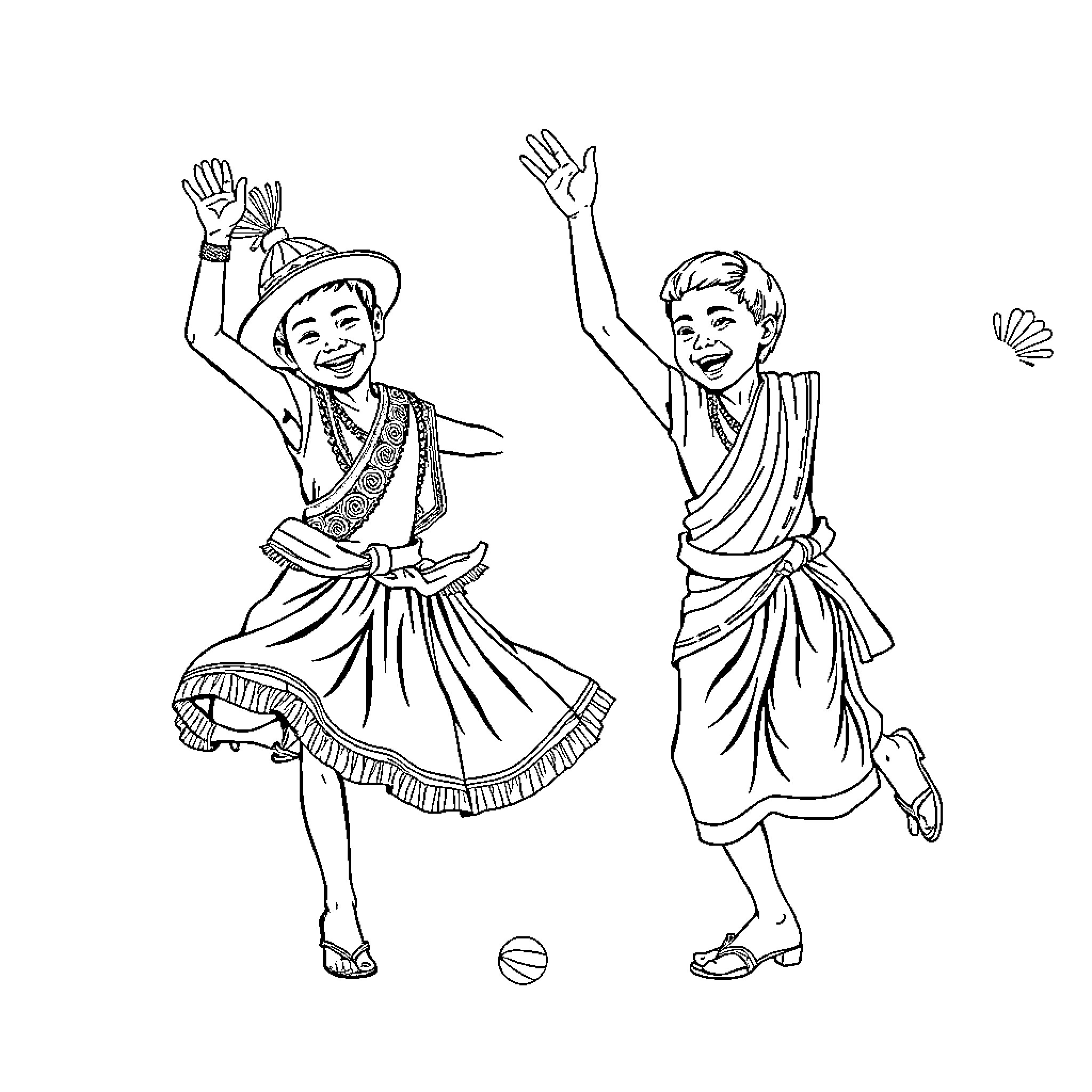 Saja Boy Joyfully Celebrates in Traditional Dress Coloring Page (free black-and-white line drawing printable PDF for all, from beginners to advanced learners, including children, teens, adults, and seniors)