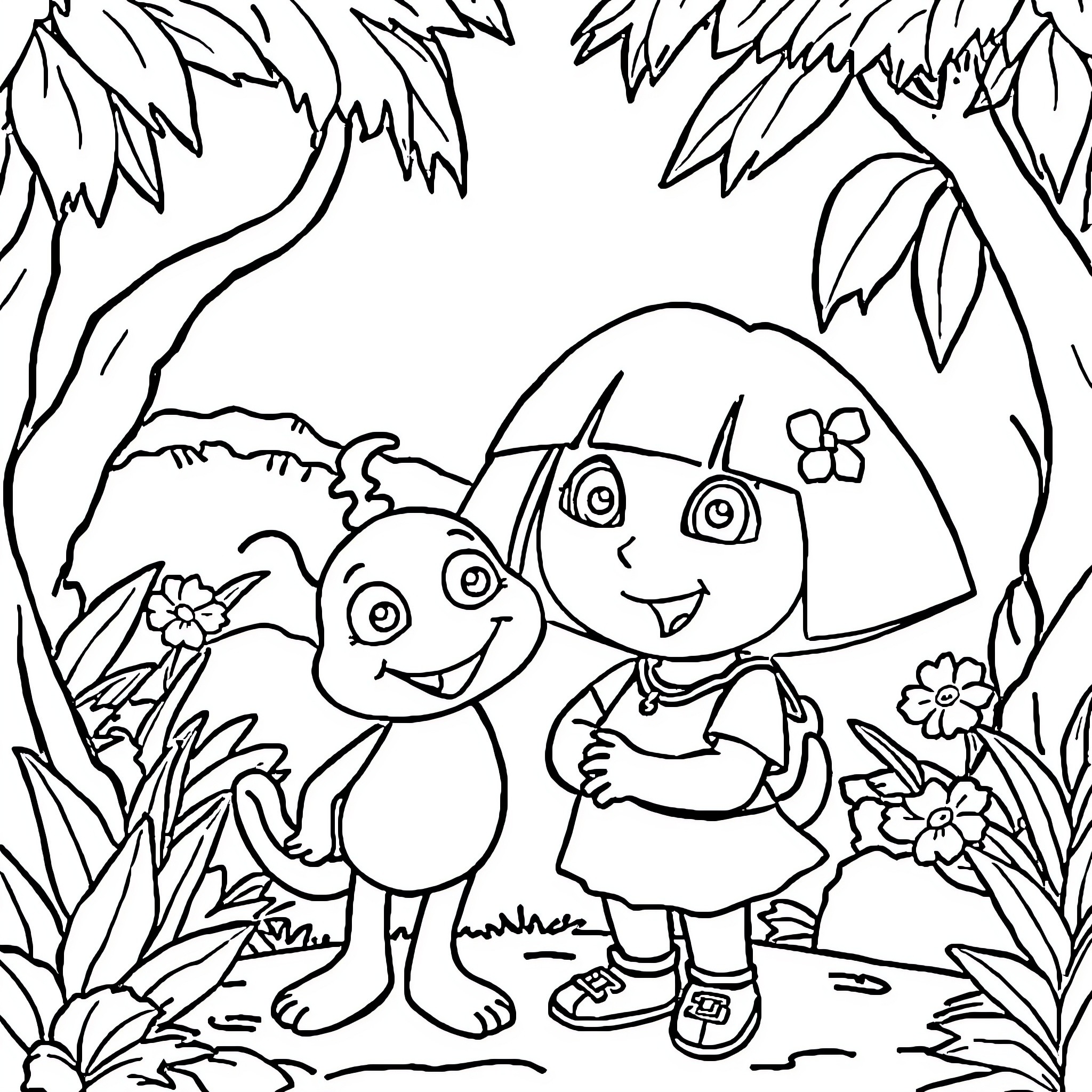 Dora and Boots exploring the jungle Coloring Page (free black-and-white line drawing printable PDF for all, from beginners to advanced learners, including children, teens, adults, and seniors)