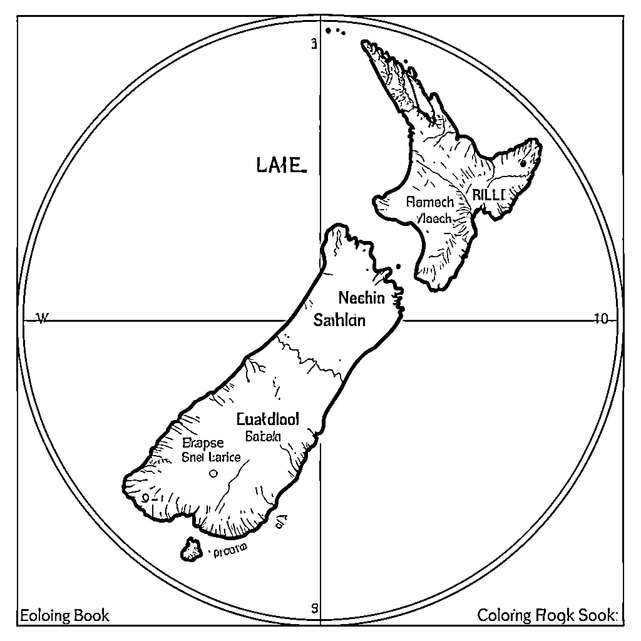 New Zealand map displayed within a circular frame Coloring Page (free black-and-white line drawing printable PDF for all, from beginners to advanced learners, including children, teens, adults, and seniors)
