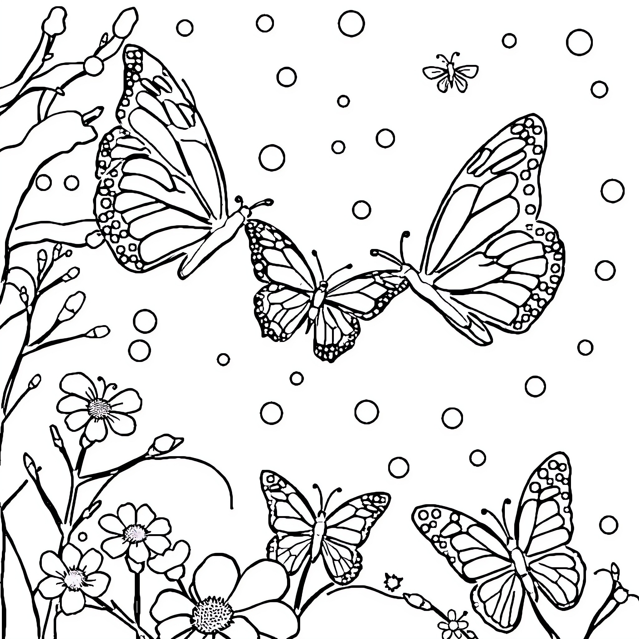Butterfly Flock Dancing Amongst Flowers Coloring Page (free black-and-white line drawing printable PDF for all, from beginners to advanced learners, including children, teens, adults, and seniors)