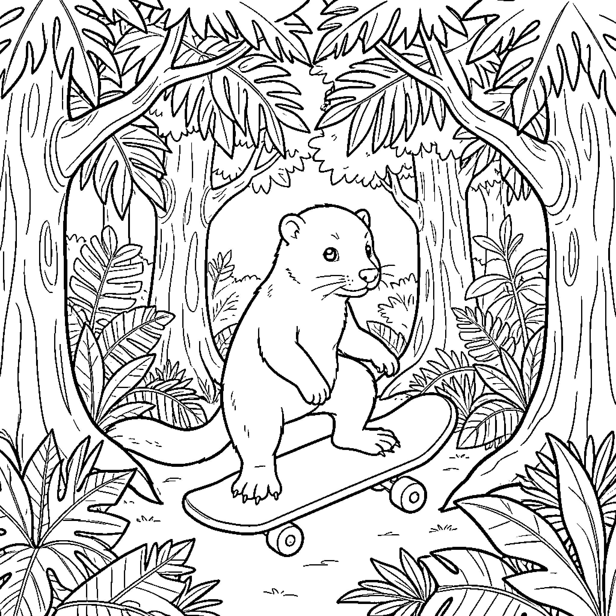 Otter riding a skateboard through a lush jungle Coloring Page (free black-and-white line drawing printable PDF for all, from beginners to advanced learners, including children, teens, adults, and seniors)