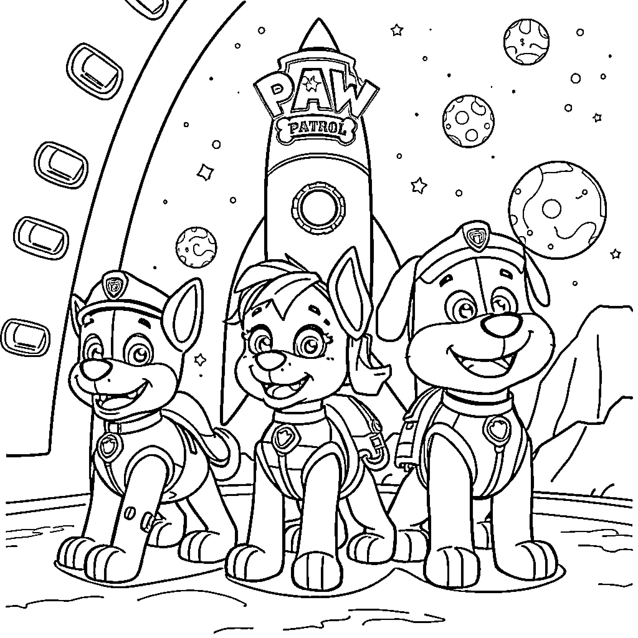 Paw Patrol pups posing together near a space rocket Coloring Page (free black-and-white line drawing printable PDF for all, from beginners to advanced learners, including children, teens, adults, and seniors)