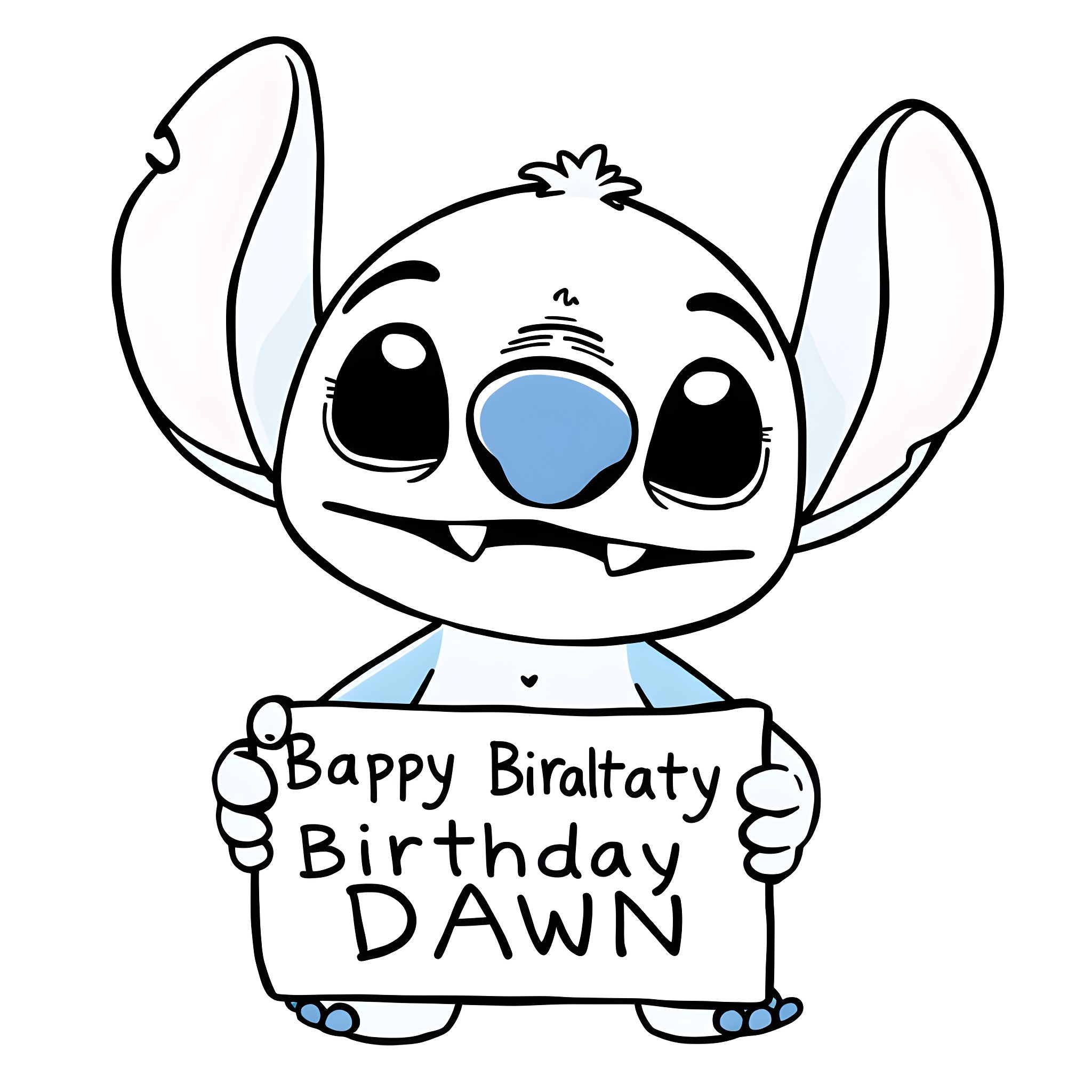 Stitch celebrating a birthday with a sign Coloring Page (free black-and-white line drawing printable PDF for all, from beginners to advanced learners, including children, teens, adults, and seniors)