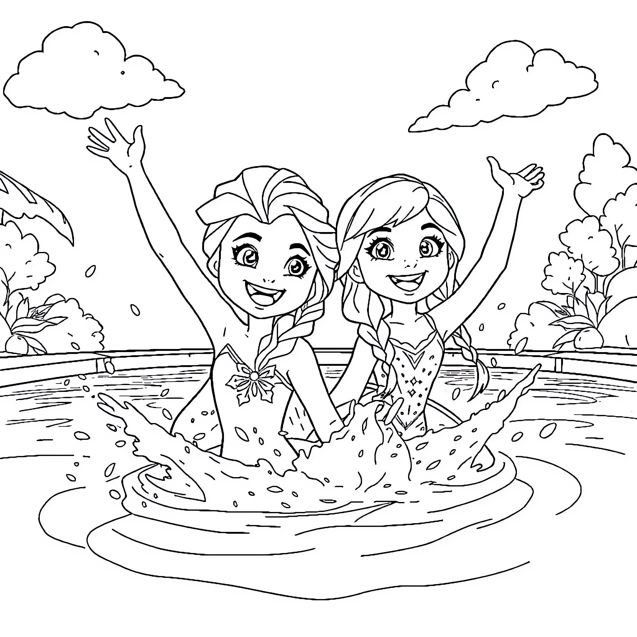 Elsa and Anna enjoying a playful swim Coloring Page (free black-and-white line drawing printable PDF for all, from beginners to advanced learners, including children, teens, adults, and seniors)