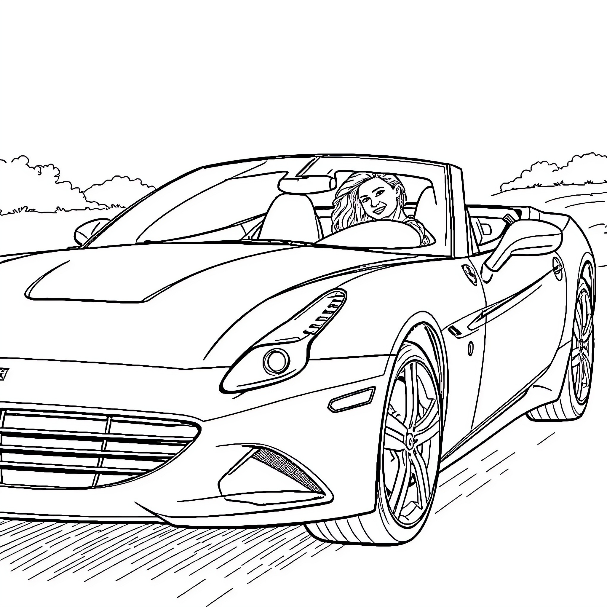Ferrari Convertible Driving on the Road Coloring Page (free black-and-white line drawing printable PDF for all, from beginners to advanced learners, including children, teens, adults, and seniors)