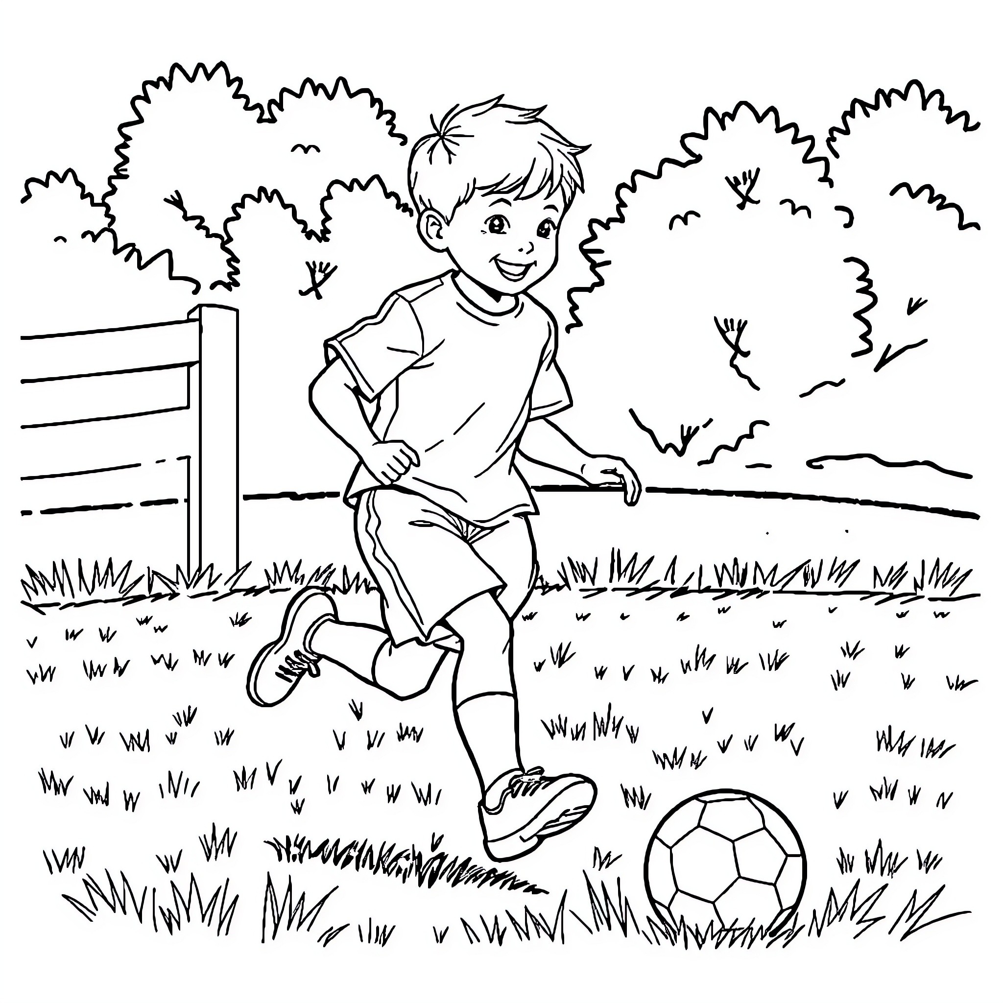 Kid playing with soccer ball in the park Coloring Page (free black-and-white line drawing printable PDF for all, from beginners to advanced learners, including children, teens, adults, and seniors)