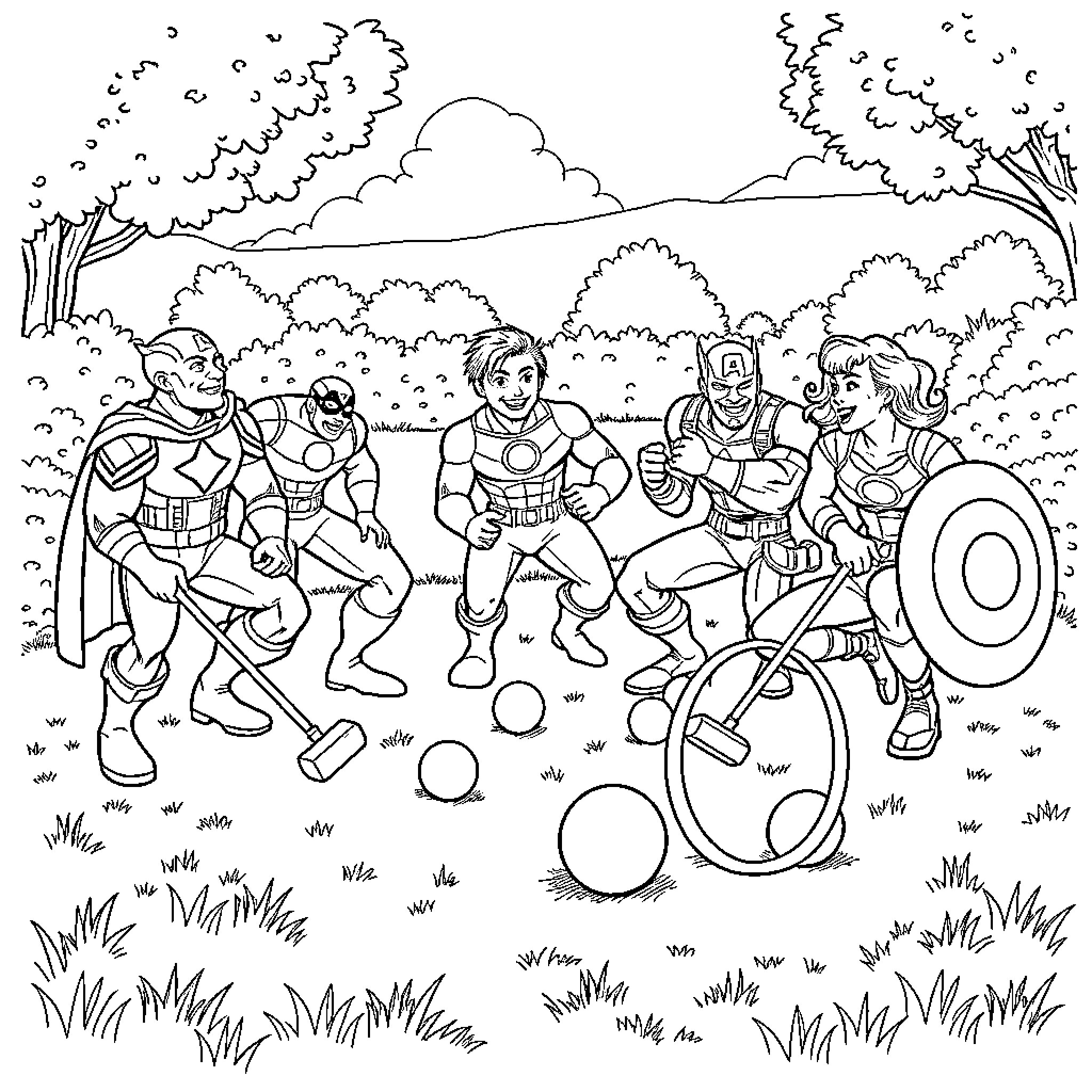 Avengers playing friendly sports in the park Coloring Page (free black-and-white line drawing printable PDF for all, from beginners to advanced learners, including children, teens, adults, and seniors)