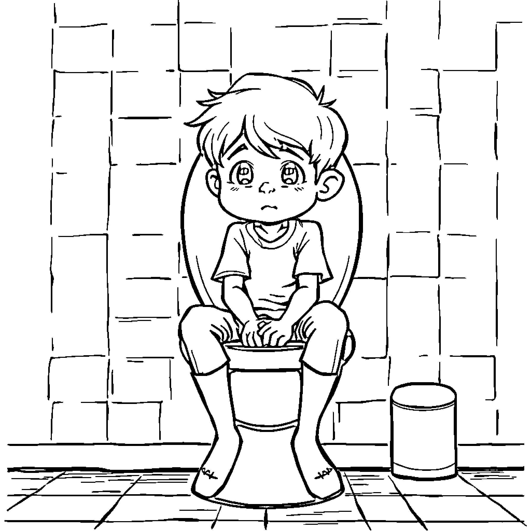 Boy sitting dejectedly on toilet in bathroom Coloring Page (free black-and-white line drawing printable PDF for all, from beginners to advanced learners, including children, teens, adults, and seniors)