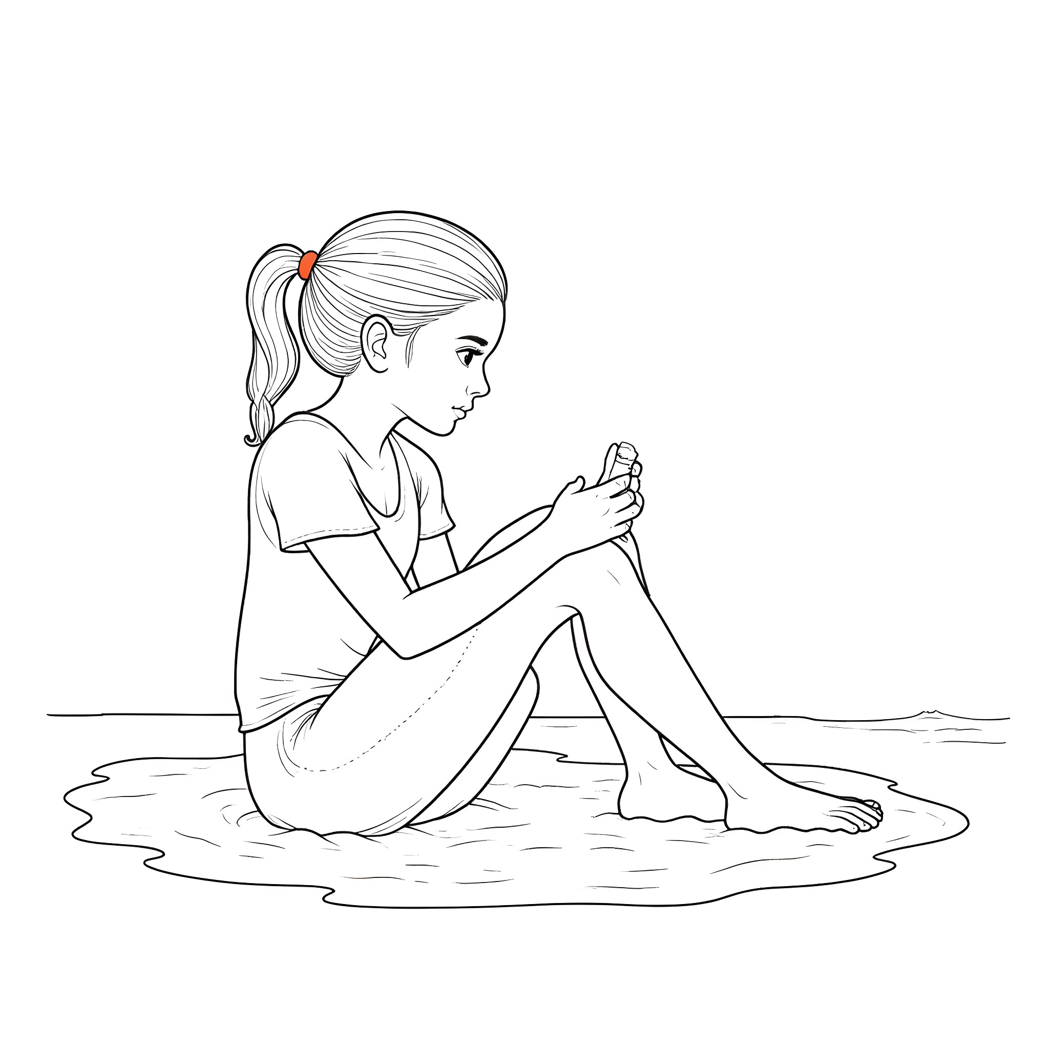 Girl sitting in contemplation on the shore Coloring Page (free black-and-white line drawing printable PDF for all, from beginners to advanced learners, including children, teens, adults, and seniors)