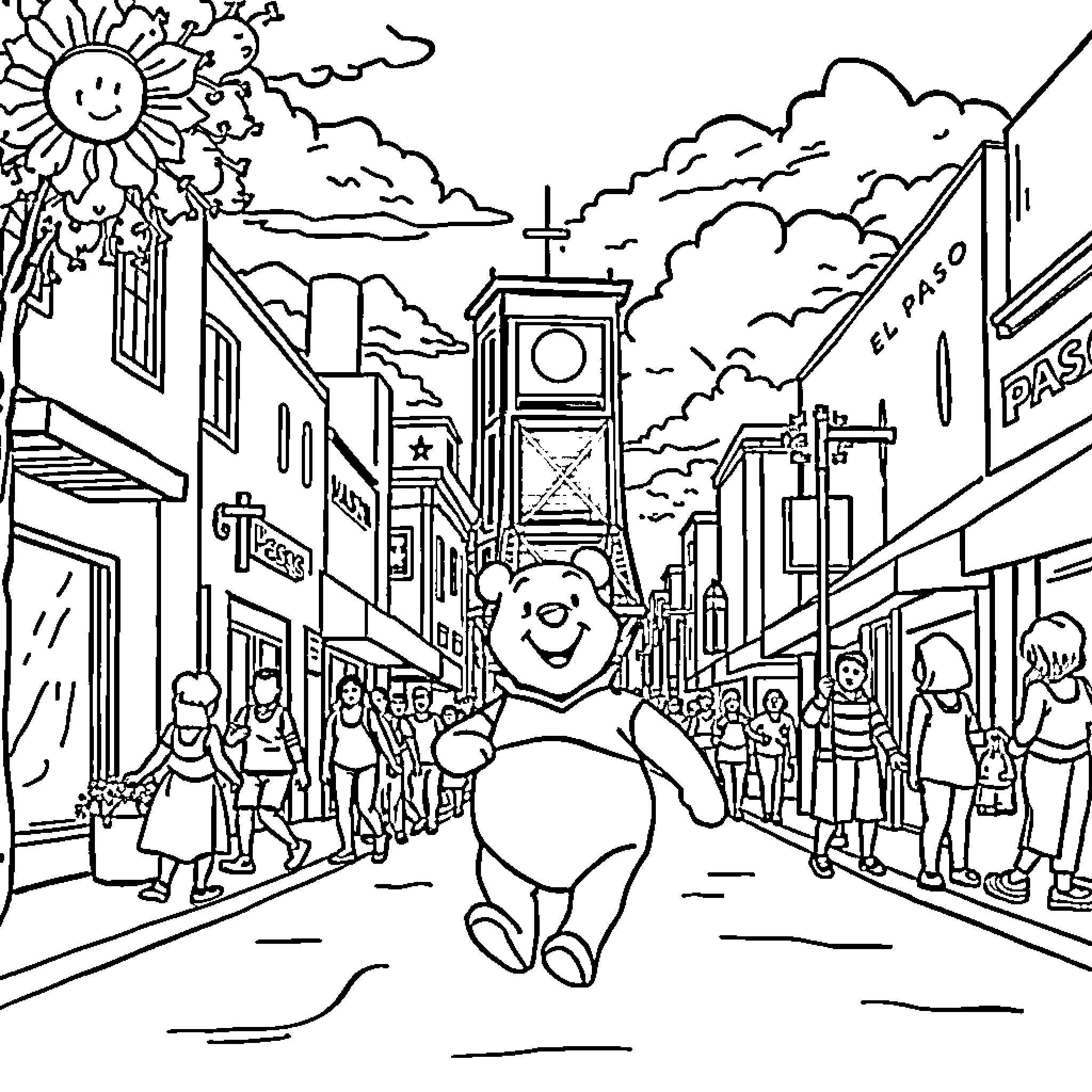 Winnie The Pooh exploring a bustling city street Coloring Page (free black-and-white line drawing printable PDF for all, from beginners to advanced learners, including children, teens, adults, and seniors)