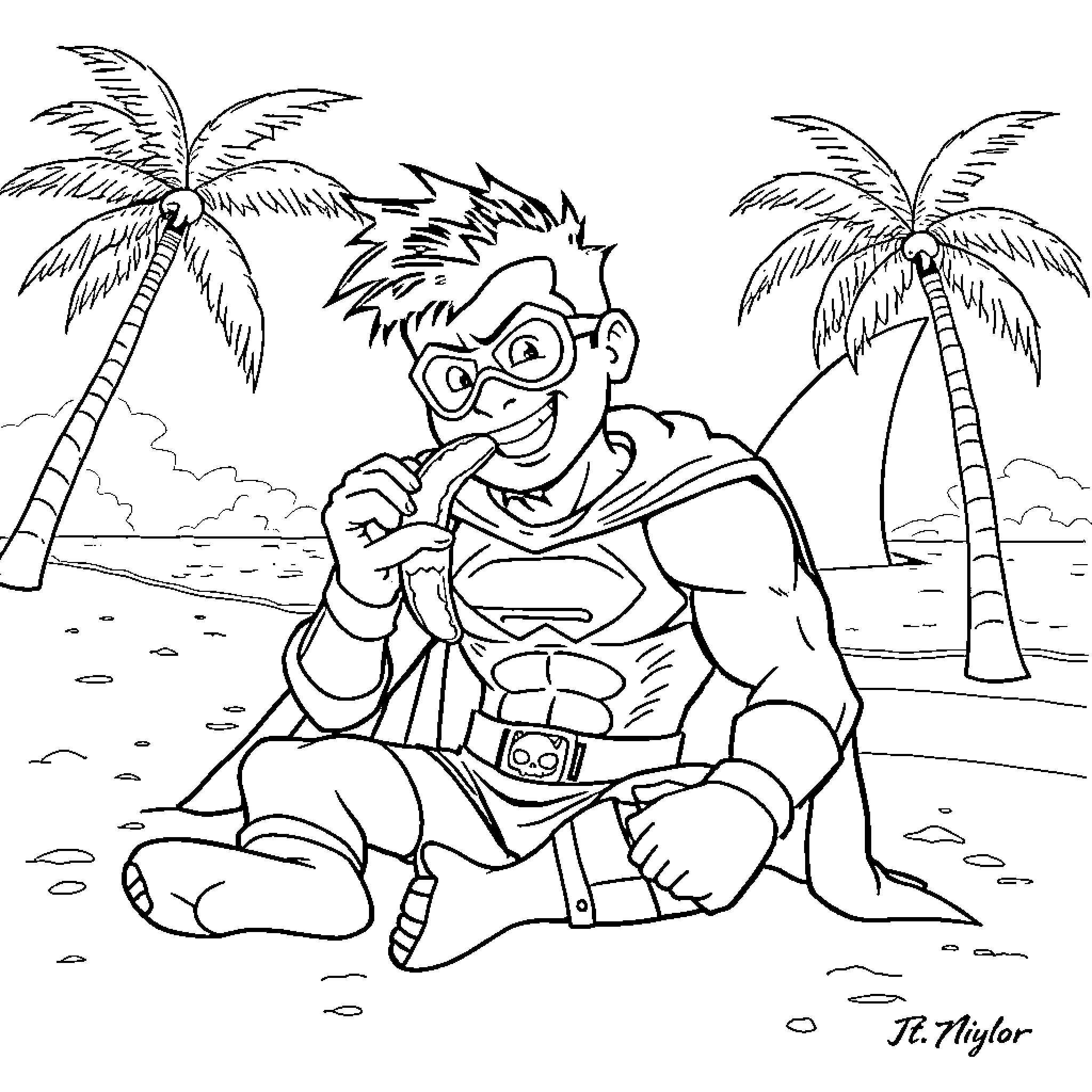 Superhero in a tropical paradise Coloring Page (free black-and-white line drawing printable PDF for all, from beginners to advanced learners, including children, teens, adults, and seniors)