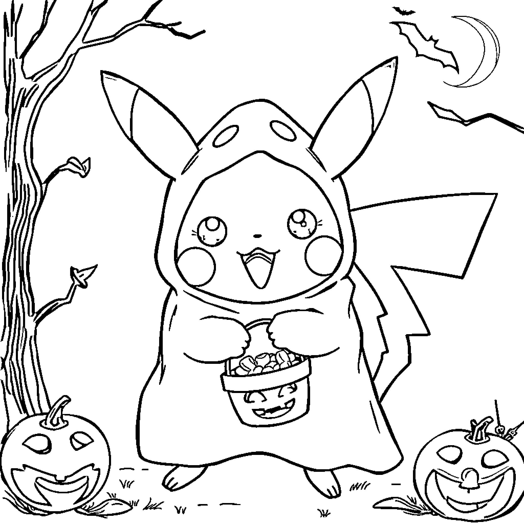 Pikachu Trick-or-Treating on Halloween Night Coloring Page (free black-and-white line drawing printable PDF for all, from beginners to advanced learners, including children, teens, adults, and seniors)