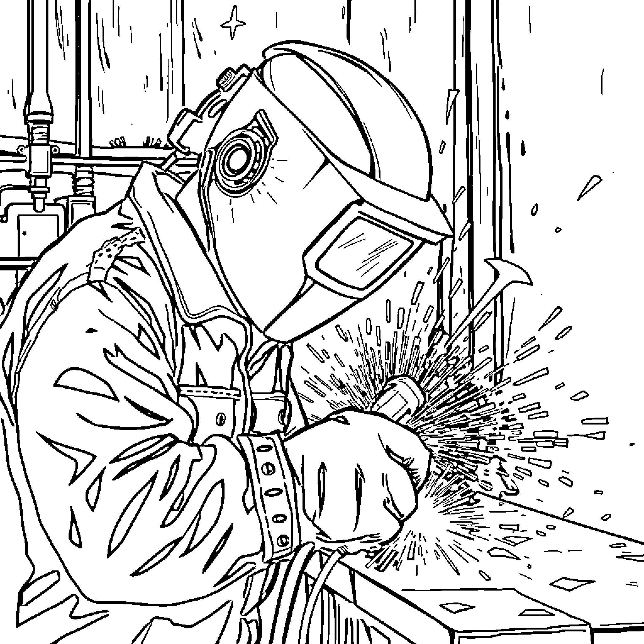 Welder performing skilled metalwork with protective gear Coloring Page (free black-and-white line drawing printable PDF for all, from beginners to advanced learners, including children, teens, adults, and seniors)