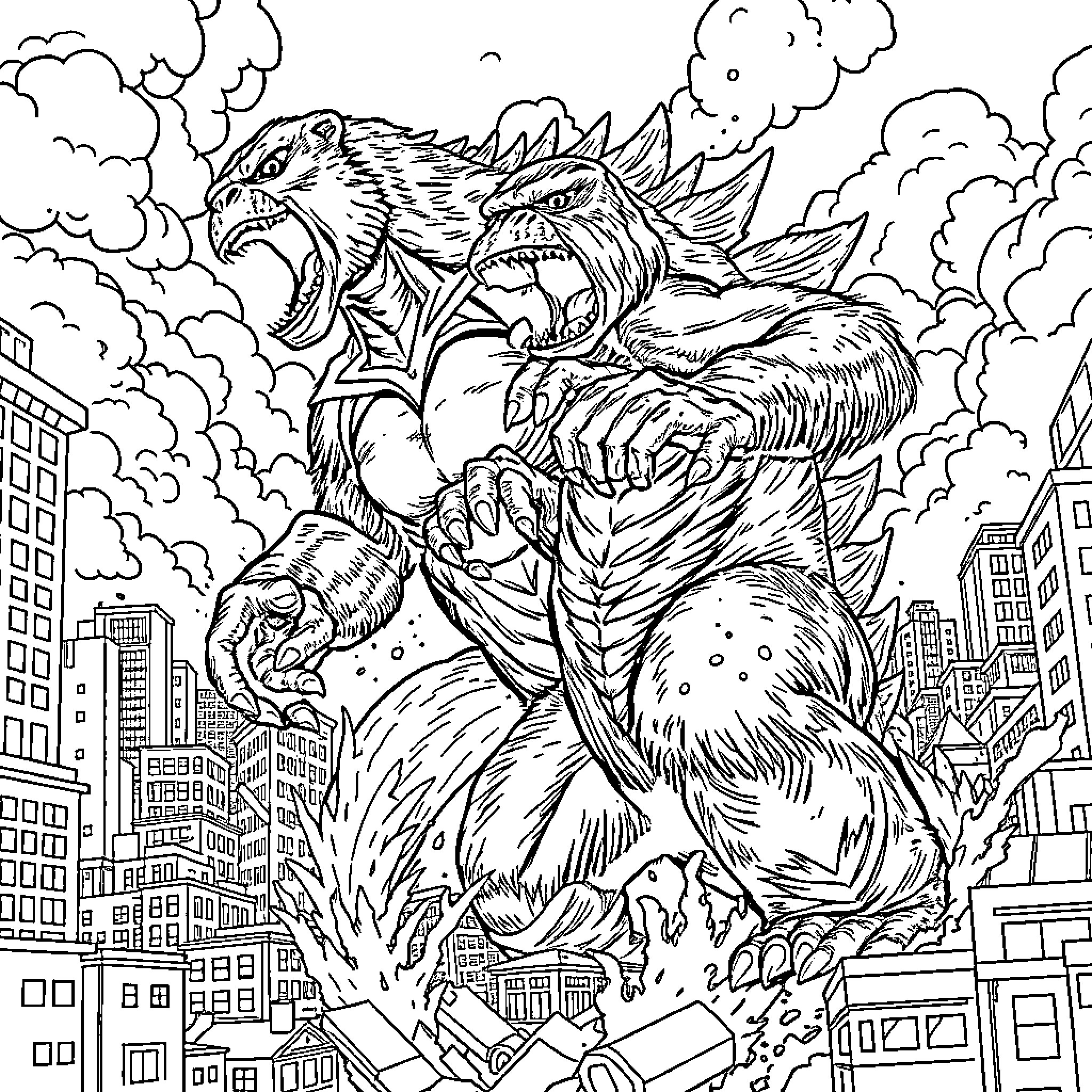 King Kong Destroys City with Fierce Roar Coloring Page (free black-and-white line drawing printable PDF for all, from beginners to advanced learners, including children, teens, adults, and seniors)