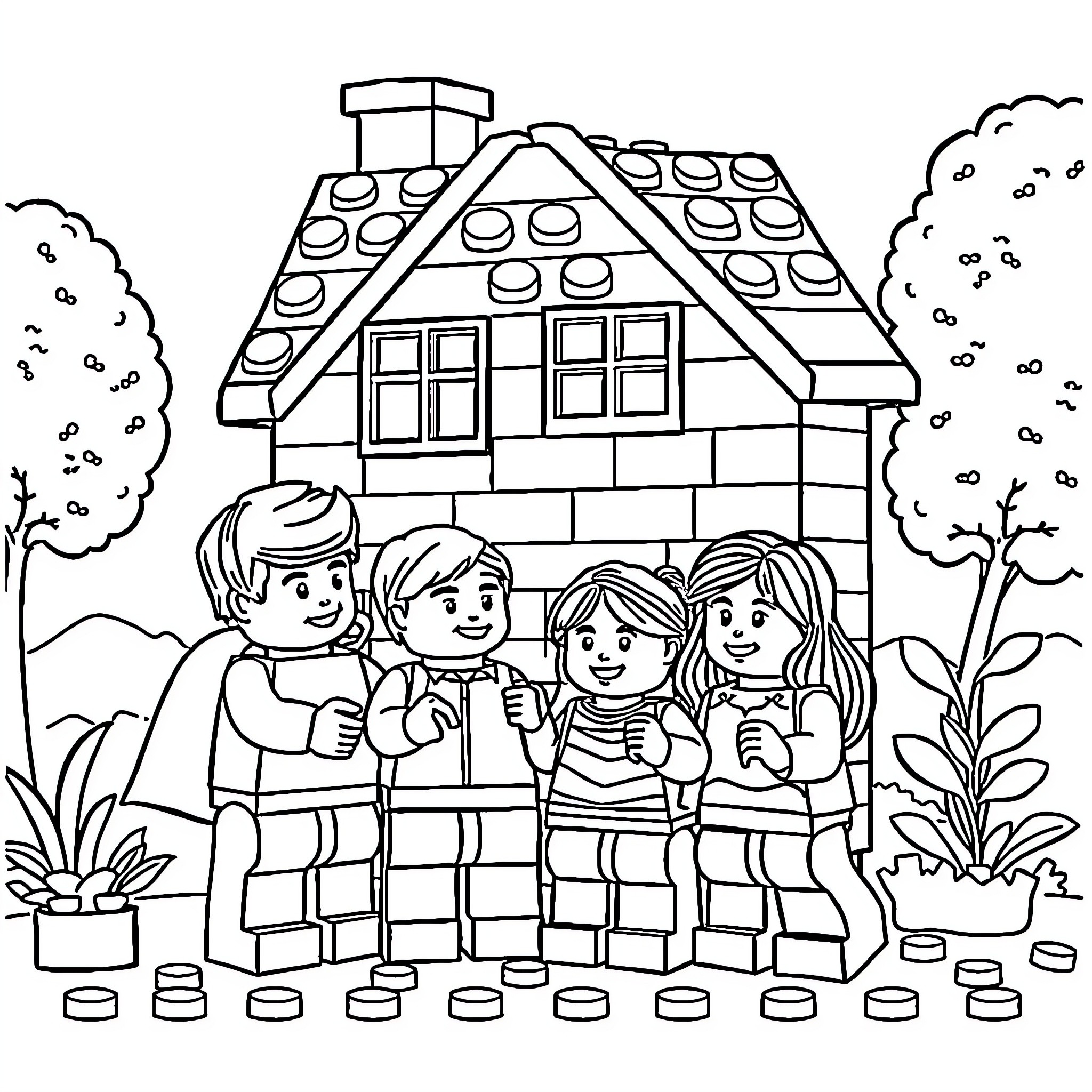 LEGO Family playing happily in the park Coloring Page (free black-and-white line drawing printable PDF for all, from beginners to advanced learners, including children, teens, adults, and seniors)