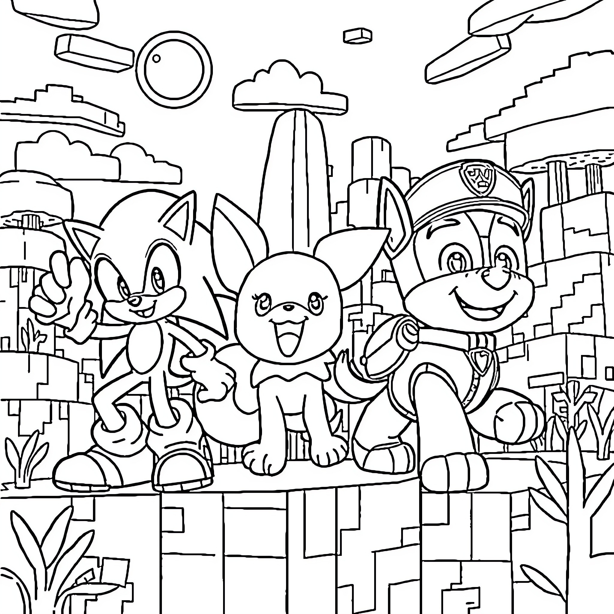 Sonic and Friends' Adventure in the City Coloring Page (free black-and-white line drawing printable PDF for all, from beginners to advanced learners, including children, teens, adults, and seniors)