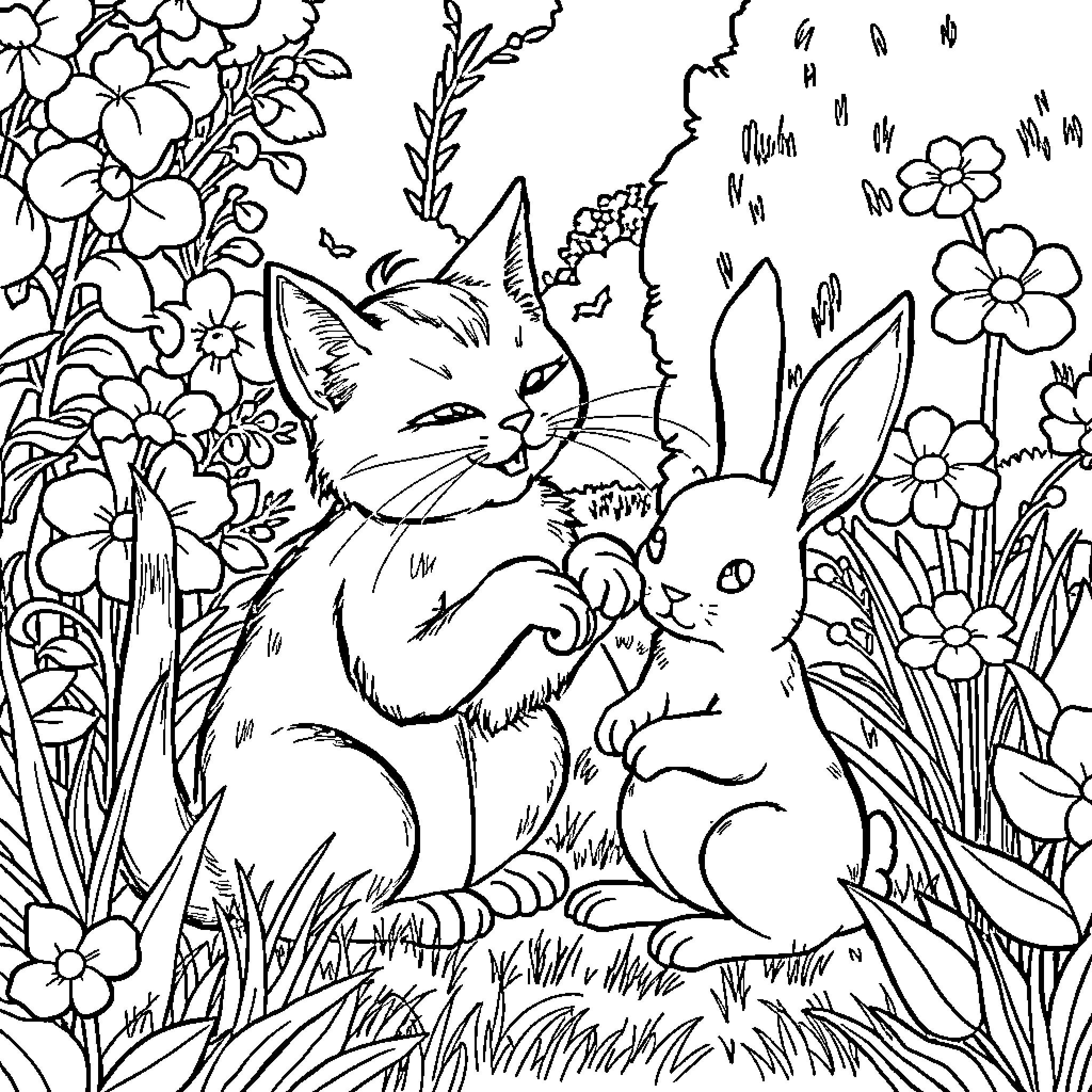 Cat with rabbit in floral garden Coloring Page (free black-and-white line drawing printable PDF for all, from beginners to advanced learners, including children, teens, adults, and seniors)