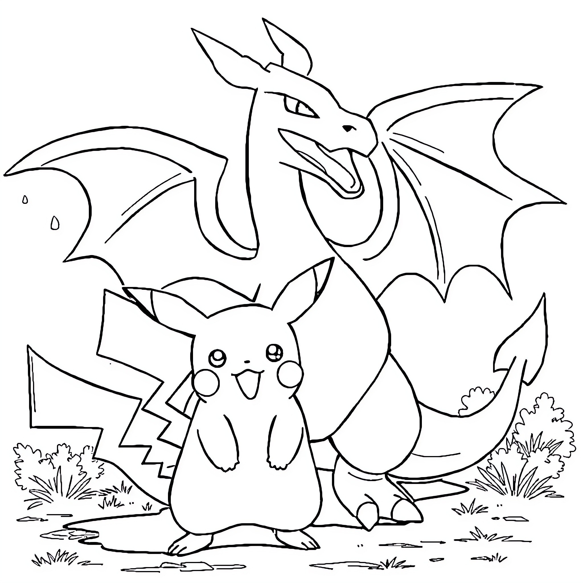 Pikachu and Dragon Creature in Wilderness Coloring Page (free black-and-white line drawing printable PDF for all, from beginners to advanced learners, including children, teens, adults, and seniors)