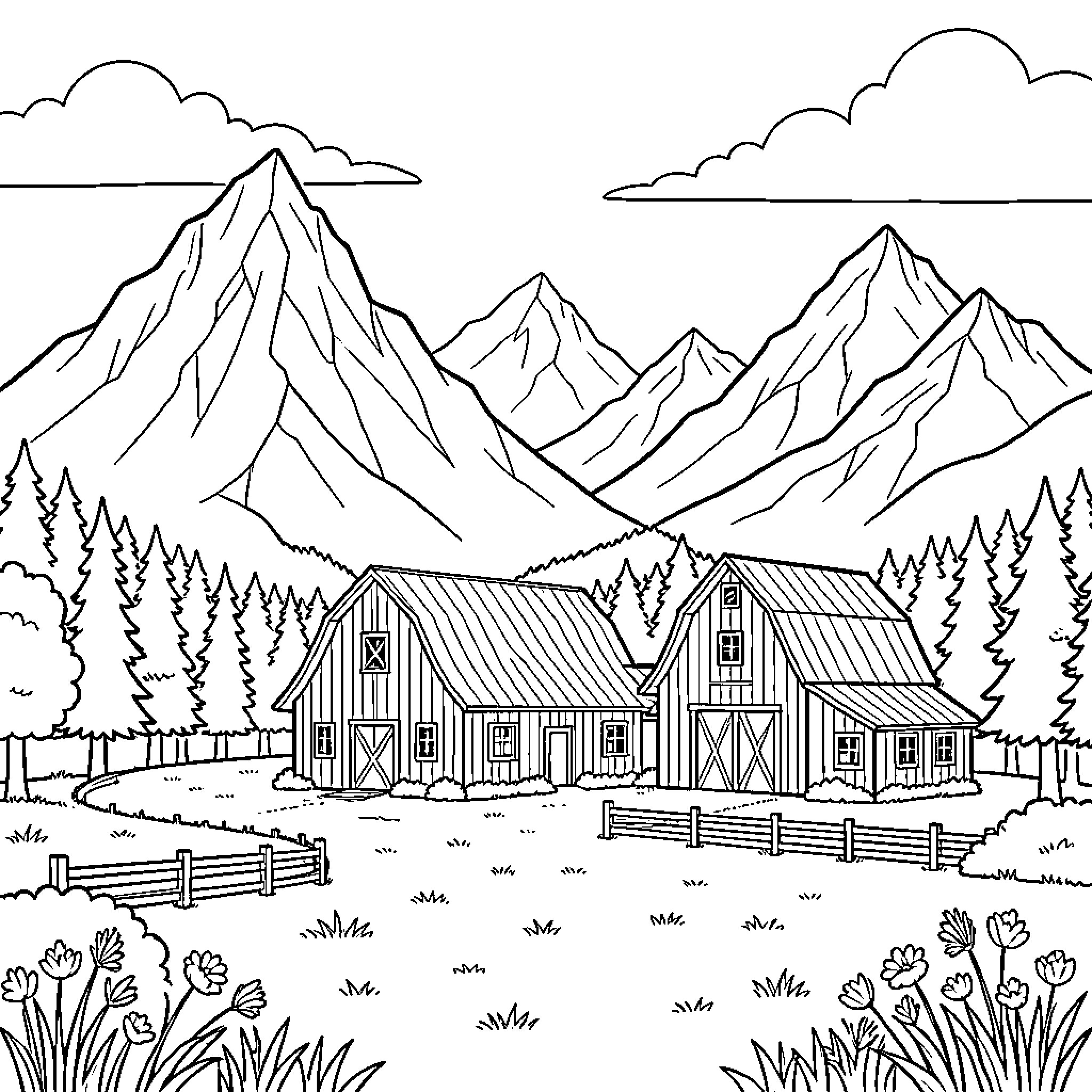 Farm buildings standing amidst scenic mountains and trees Coloring Page (free black-and-white line drawing printable PDF for all, from beginners to advanced learners, including children, teens, adults, and seniors)