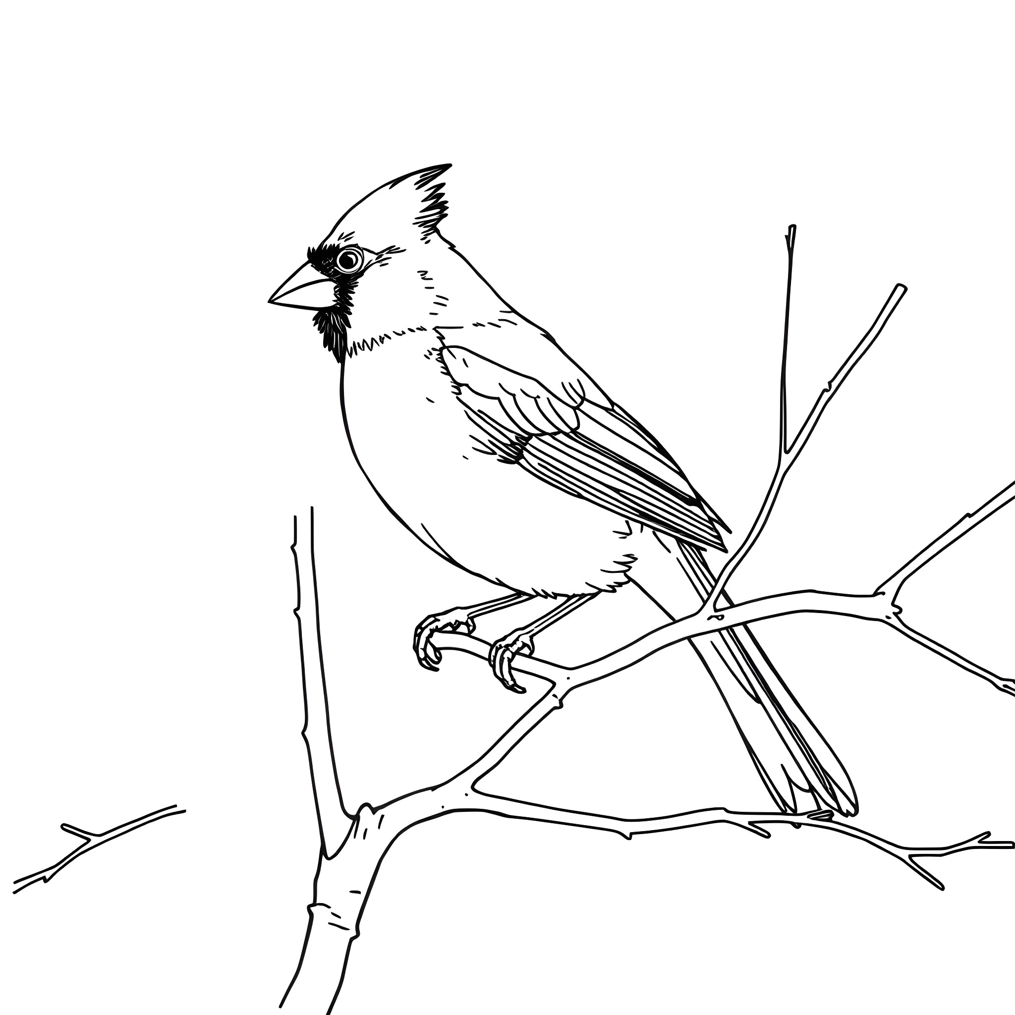 Cardinal perched on a branch Coloring Page (free black-and-white line drawing printable PDF for all, from beginners to advanced learners, including children, teens, adults, and seniors)