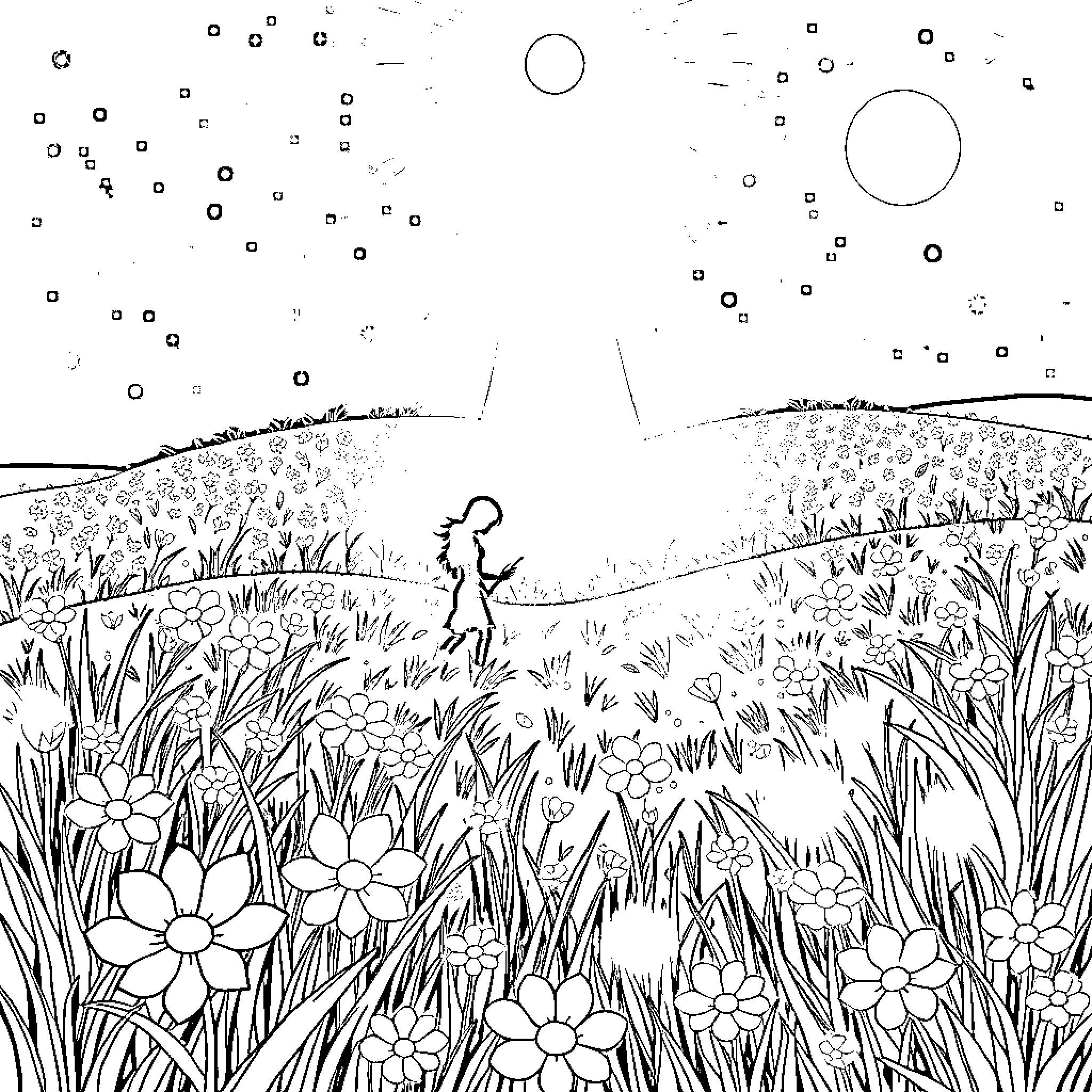 Au'ra Exploring the Vibrant Meadow Coloring Page (free black-and-white line drawing printable PDF for all, from beginners to advanced learners, including children, teens, adults, and seniors)