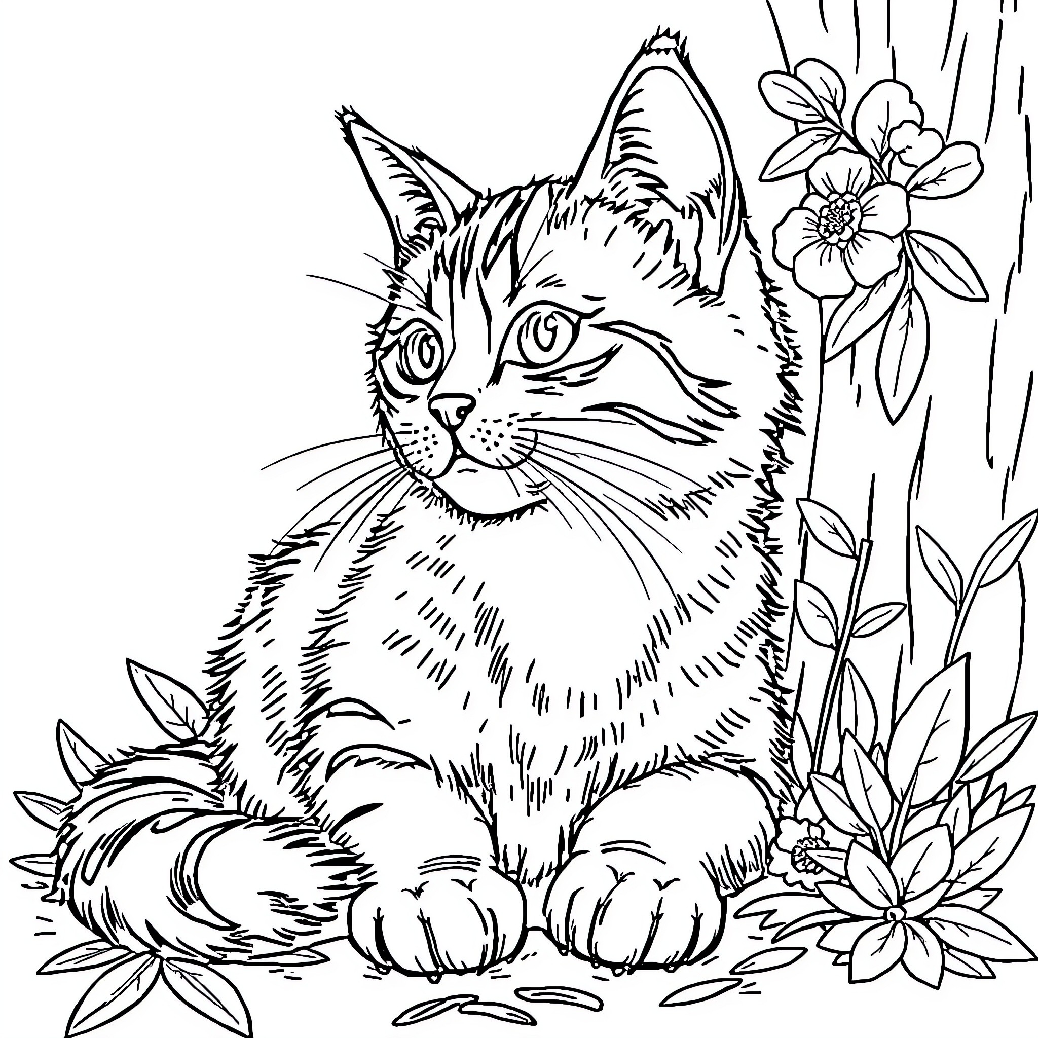 Cat in a garden of flowers Coloring Page (free black-and-white line drawing printable PDF for all, from beginners to advanced learners, including children, teens, adults, and seniors)
