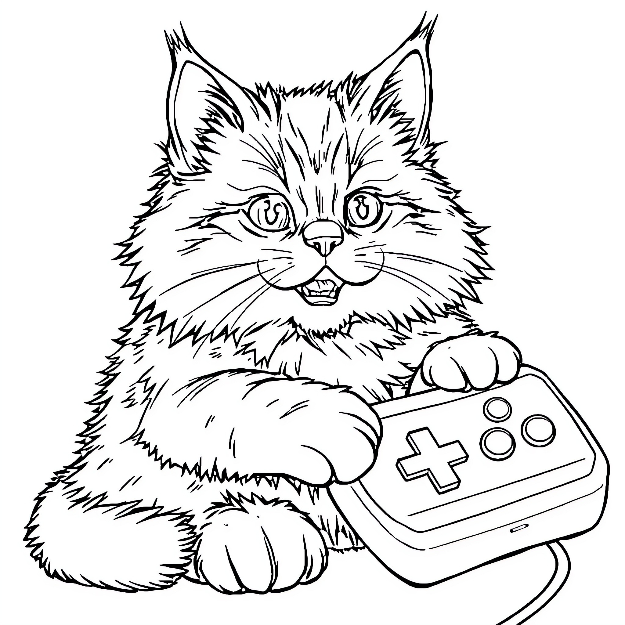 Cat playing with video game controller Coloring Page (free black-and-white line drawing printable PDF for all, from beginners to advanced learners, including children, teens, adults, and seniors)